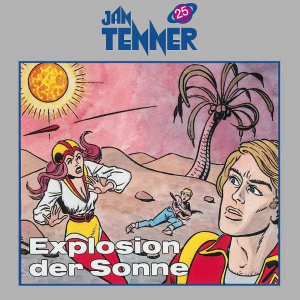 Comic-Szene: Charaktere reagieren auf eine Sonnenexplosion. Eine Frau, ein Mann und ein Junge in einer Wüstenszene unter der Sonne und einer Palme.