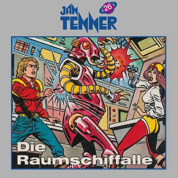 Comic-Szene: Roboter greift Menschen in einem Raumschiff an. Ein Mann feuert eine Waffe ab, eine Frau hat Angst. Text: Die Raumschifffalle.