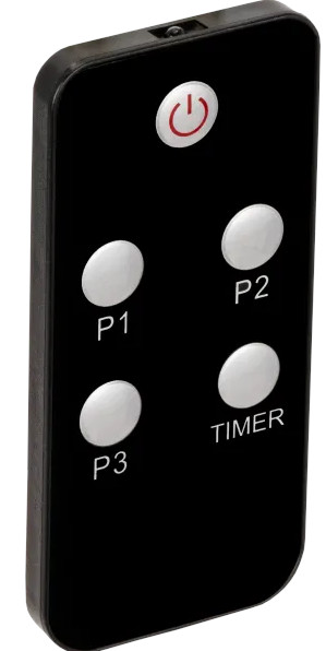 Czarny pilot z przyciskiem zasilania, P1, P2, P3 i przyciskami timera. Przycisk zasilania ma czerwony symbol.