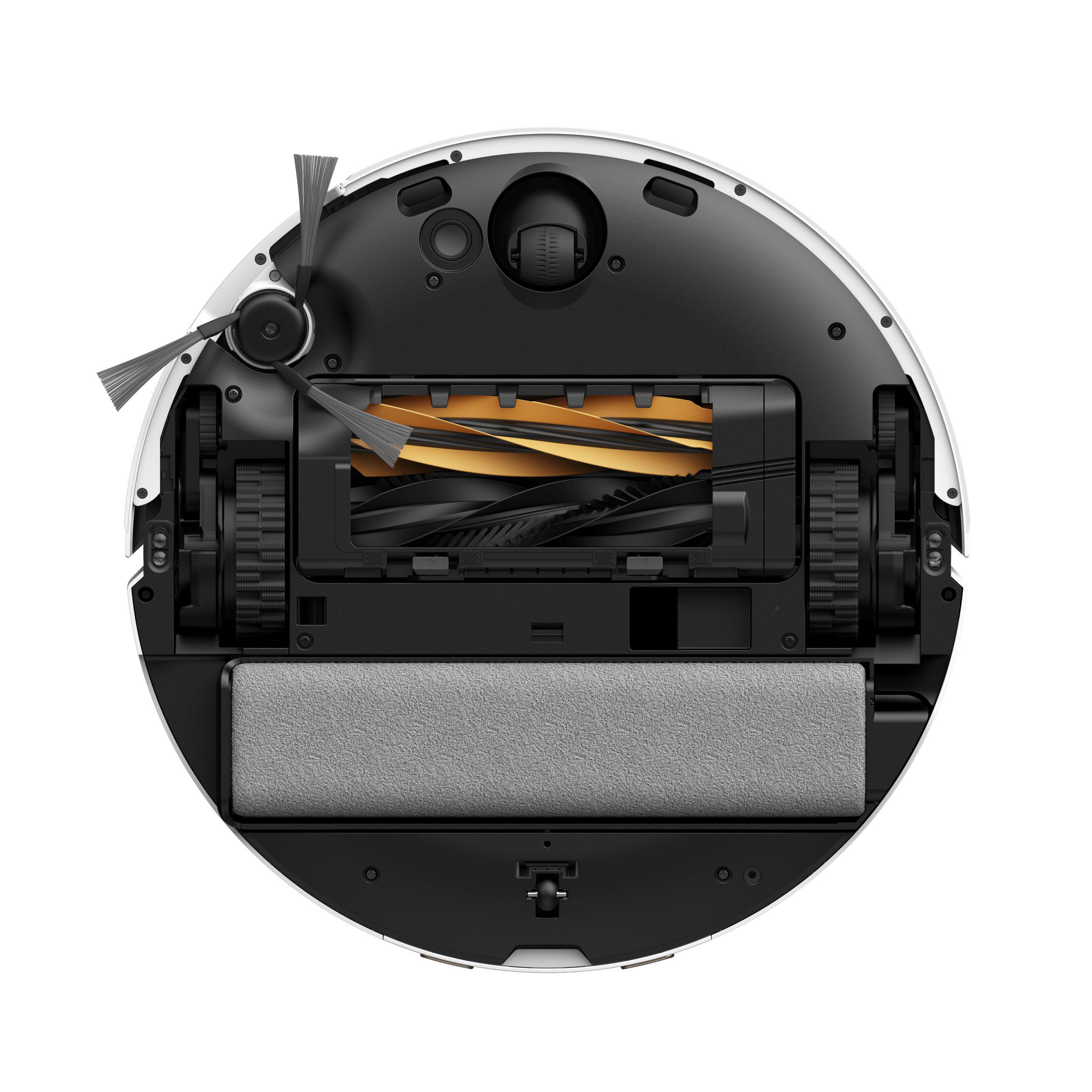 Roboter-Staubsauger, Draufsicht. Mit Bürsten, Rädern, Staubbehälter und Reinigungskomponenten. Weiß und Schwarz mit goldenen Akzenten.