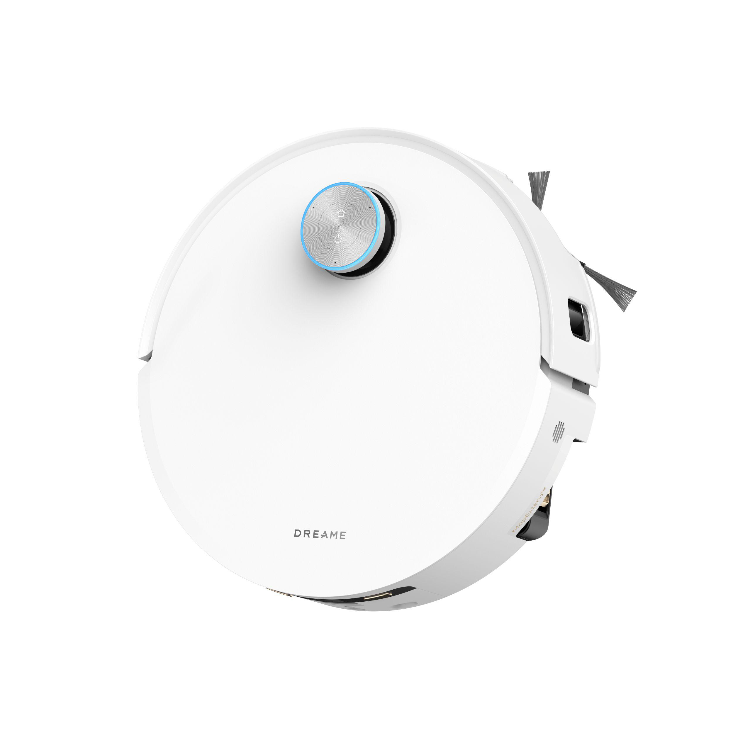 Ein weißer Dreame-Roboter-Staubsauger. Er hat ein kreisförmiges Design mit einem zentralen Knopf und Bürsten an der Seite.