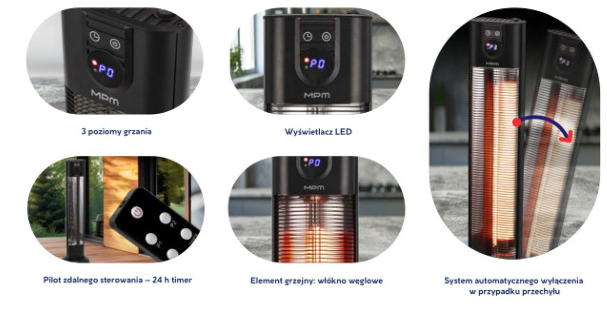 Czarny grzejnik z cyfrowym wyświetlaczem, pilotem i elementem grzewczym z włókna węglowego. Posiada wyłączenie w przypadku przechylenia.