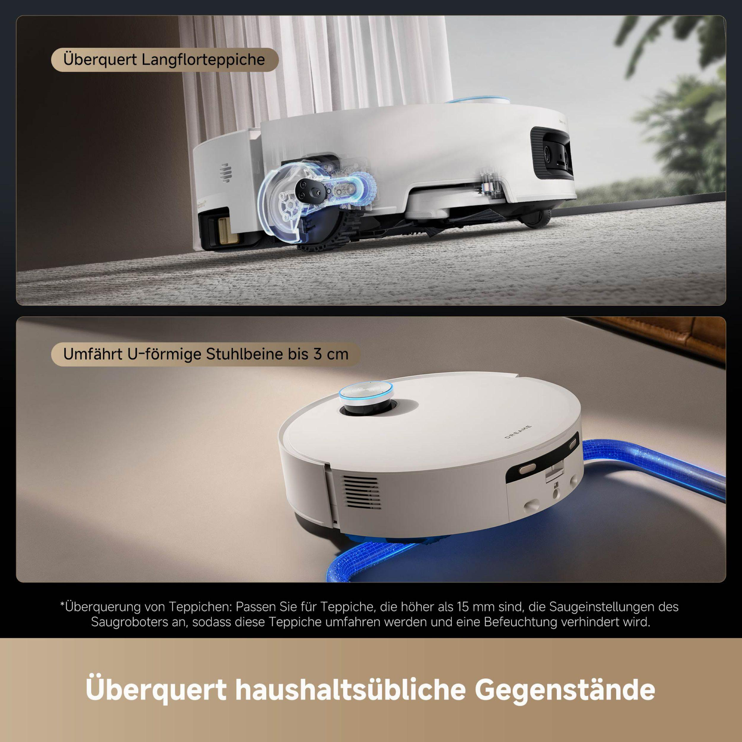 Zwei Roboter-Staubsauger werden gezeigt, einer auf Teppich und der andere auf einem Boden. Der Text lautet: 'Überquert Langflorteppiche'.