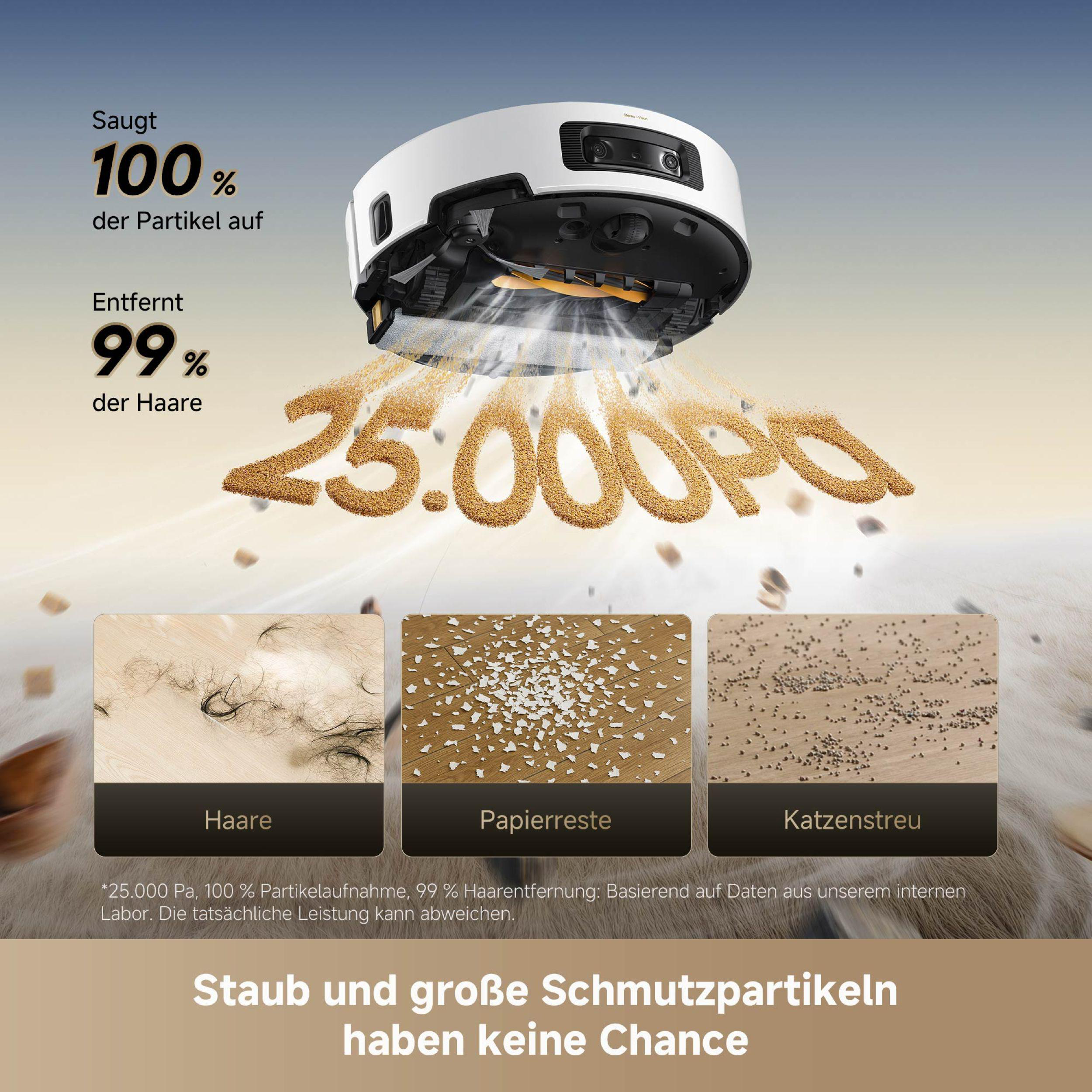 Ein weißer und schwarzer Roboter-Staubsauger mit Text, der zeigt, dass er 100% der Partikel und 99% der Haare reinigt.