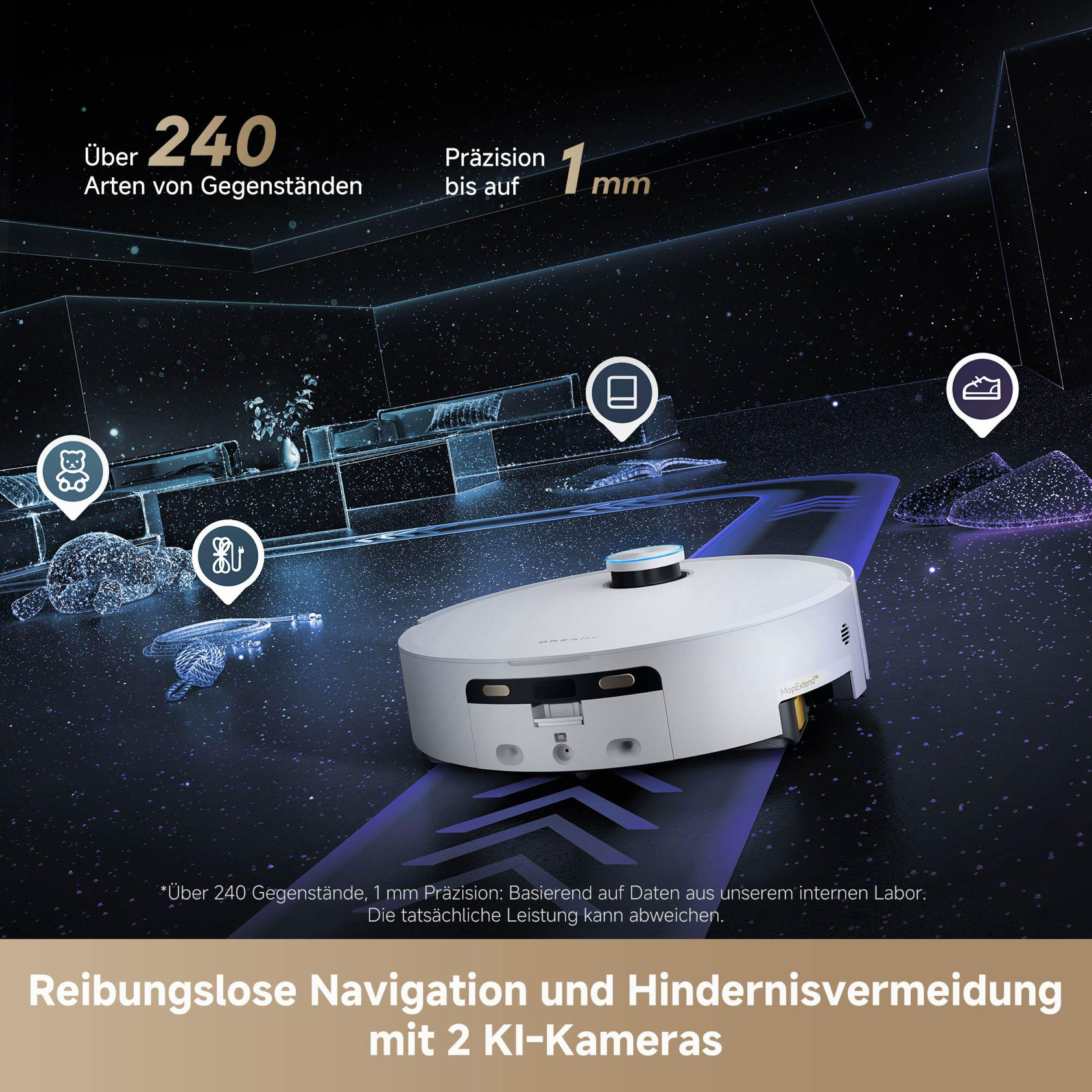 Ein weißer Roboter-Staubsauger navigiert in einem dunklen Raum. Die Szene enthält Objekte und Text mit intelligenten Funktionen.