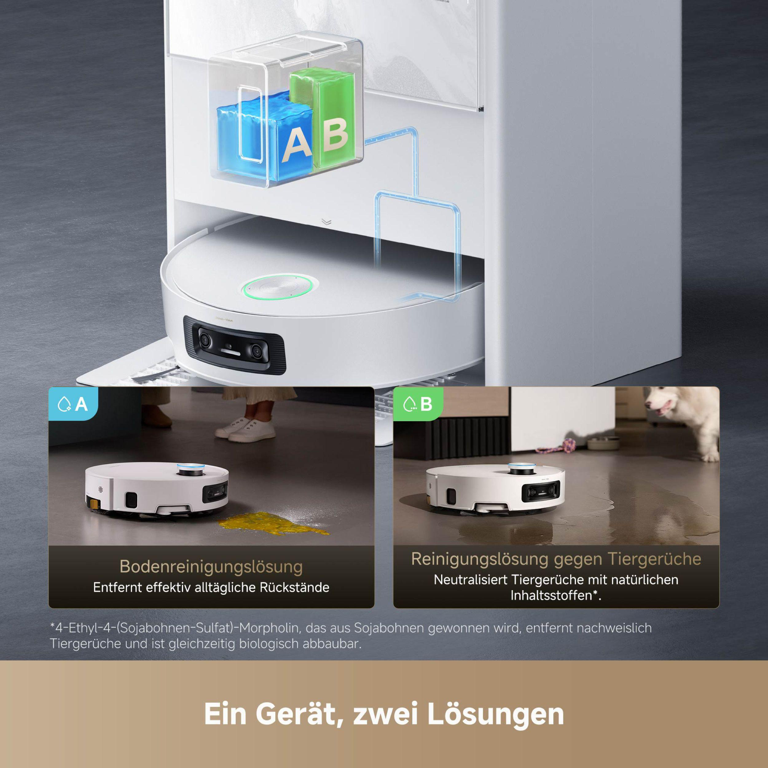Ein weißer Roboter-Staubsauger mit einem transparenten Behälter und zwei Flüssigkeitswürfeln mit der Aufschrift A und B.