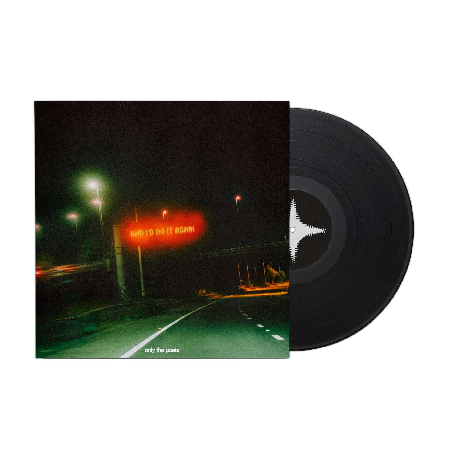 Vinylplatte und Albumcover. Das Cover zeigt eine Straße bei Nacht mit Neonschild. Die Schallplatte ist schwarz.
