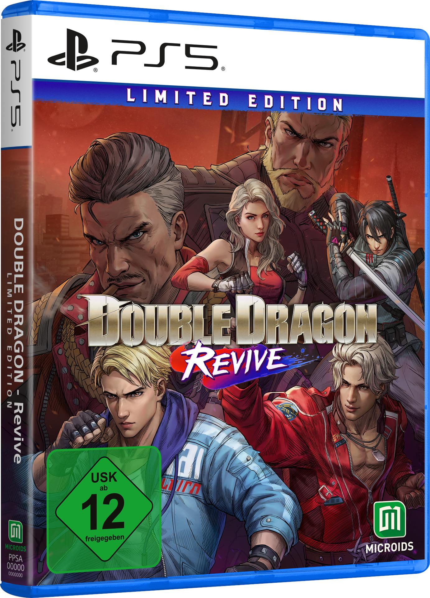Ein PS5-Spielcover von Double Dragon Revive. Das Artwork zeigt Charaktere mit Waffen, den Titel und eine USK 12-Einstufung.