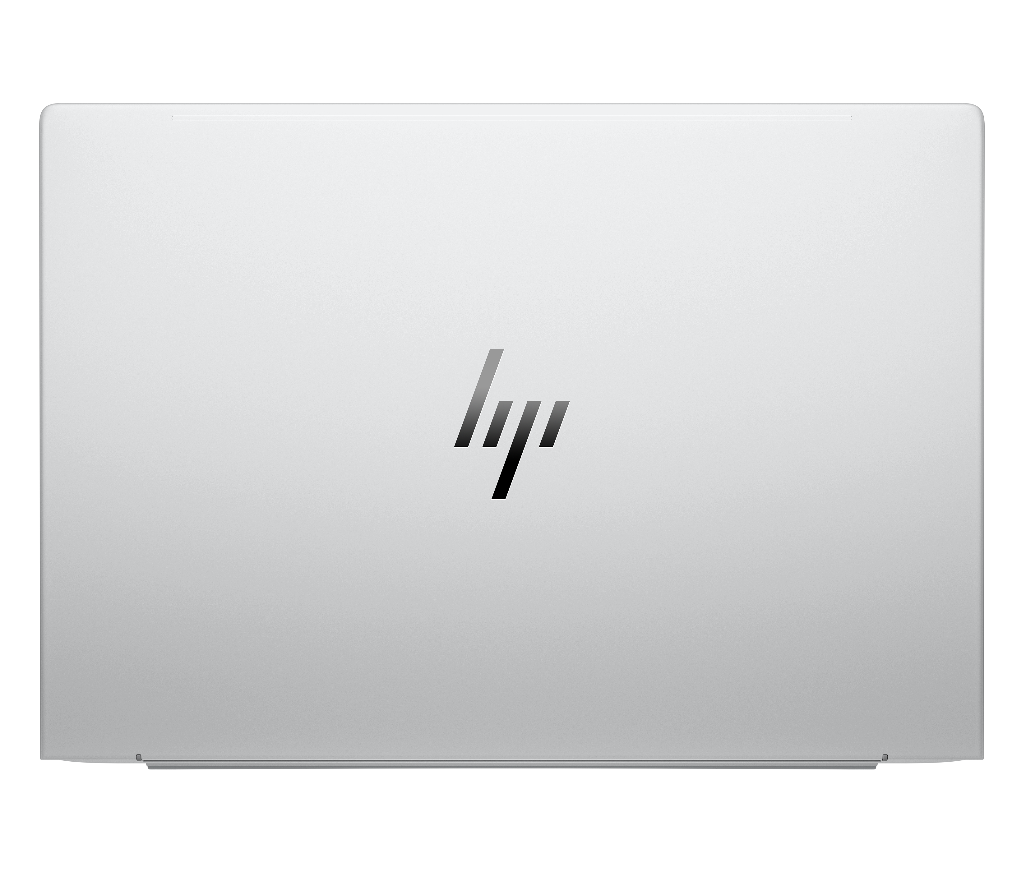 Ein silberner HP-Laptopdeckel. Das HP-Logo ist zentriert. Es ist hellsilber. Der Laptop ist geschlossen.
