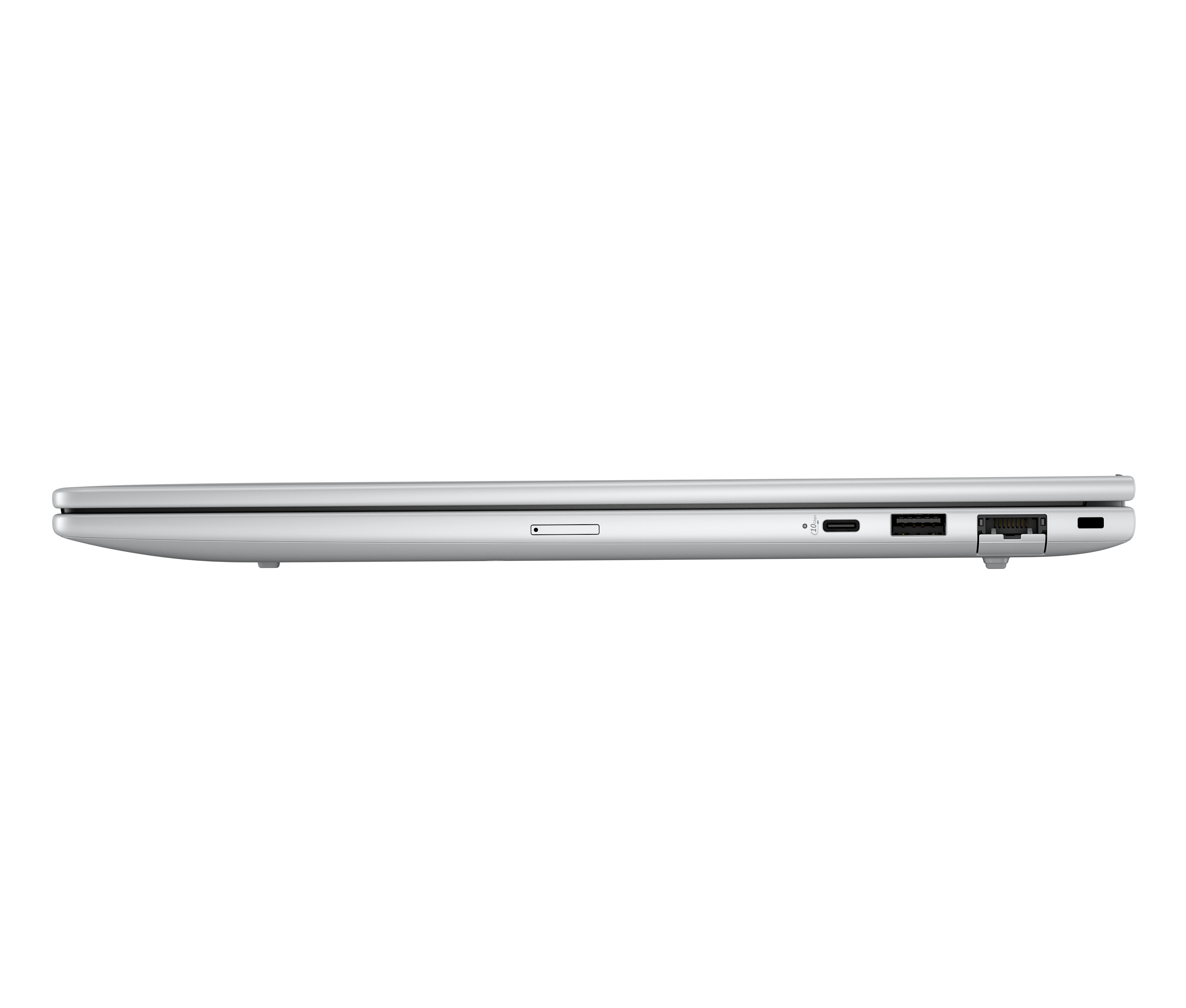 Seitenansicht eines silbernen Laptops. Sichtbare Anschlüsse sind USB, USB-C und ein Ethernet-Anschluss. Ein Kartenleser-Slot ist ebenfalls vorhanden.