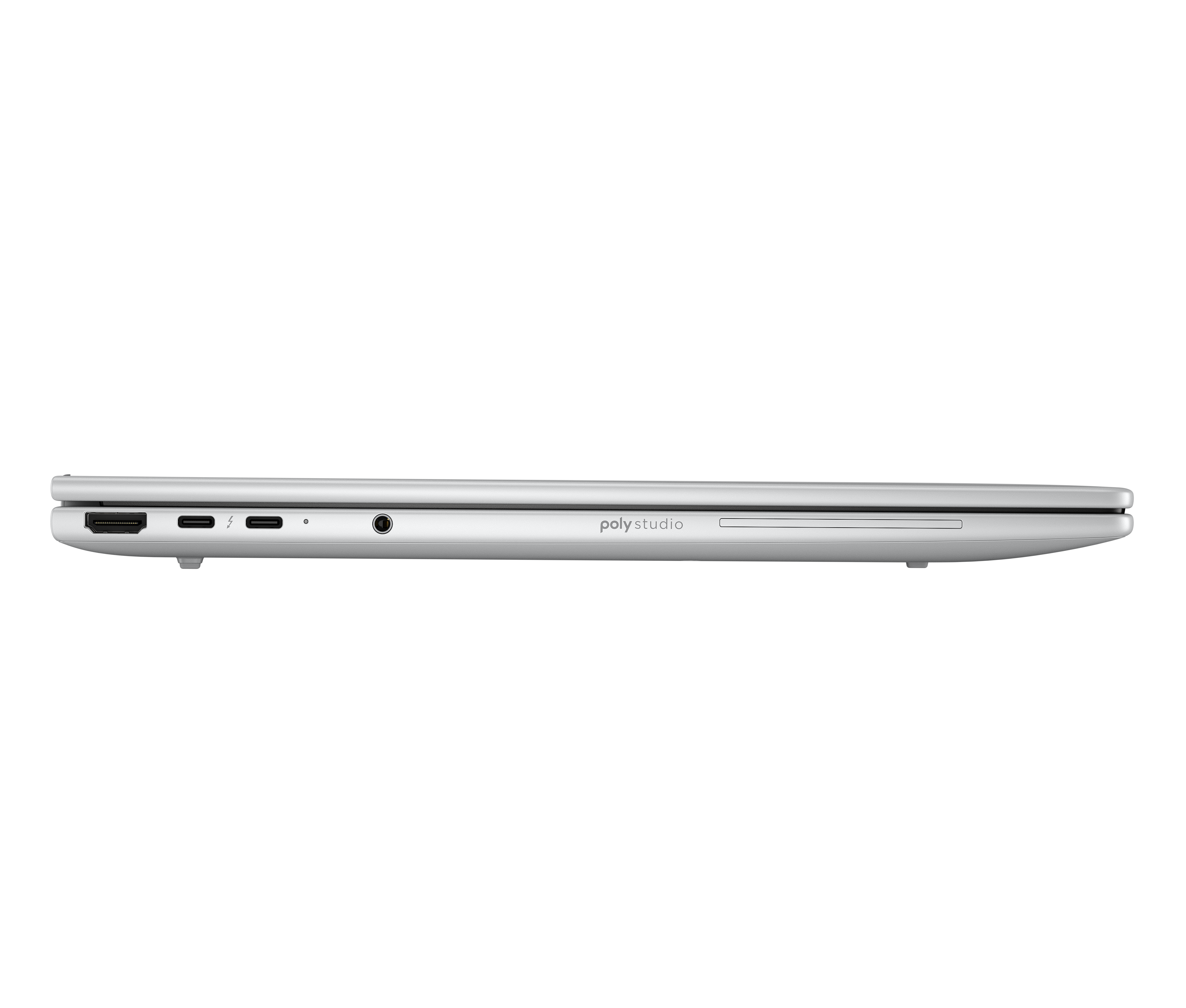 Seitenansicht eines silbernen Laptops. Sichtbare Anschlüsse sind HDMI, USB-C und Klinke. Die Marke 'poly studio' ist aufgedruckt.