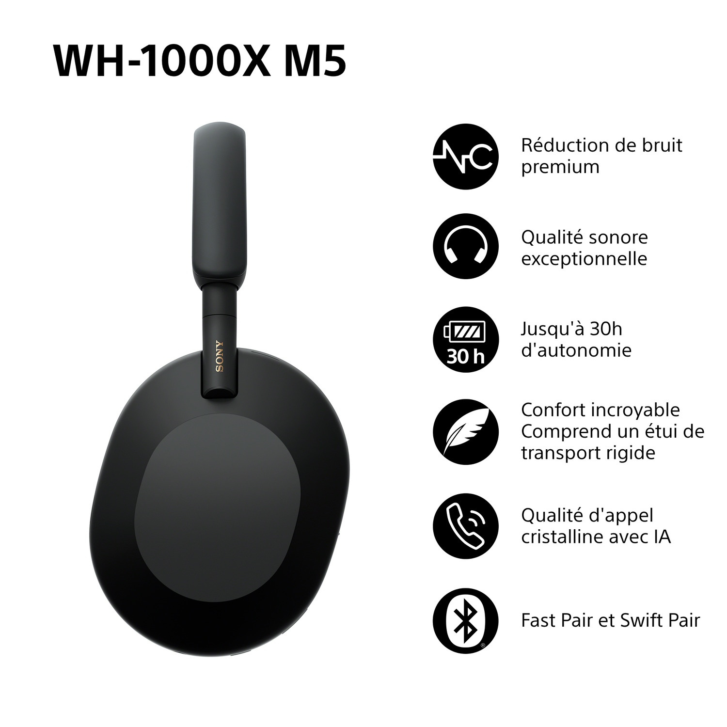 Casque noir Sony WH-1000XM5. Caractéristiques : réduction du bruit, qualité sonore exceptionnelle, 30h batterie, confortable, étui rigide, appairage rapide.