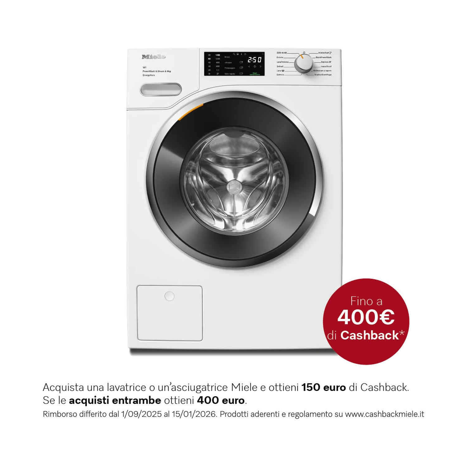 Una lavatrice Miele bianca con display digitale e porta rotonda. Viene pubblicizzata un'offerta cashback fino a 400€.
