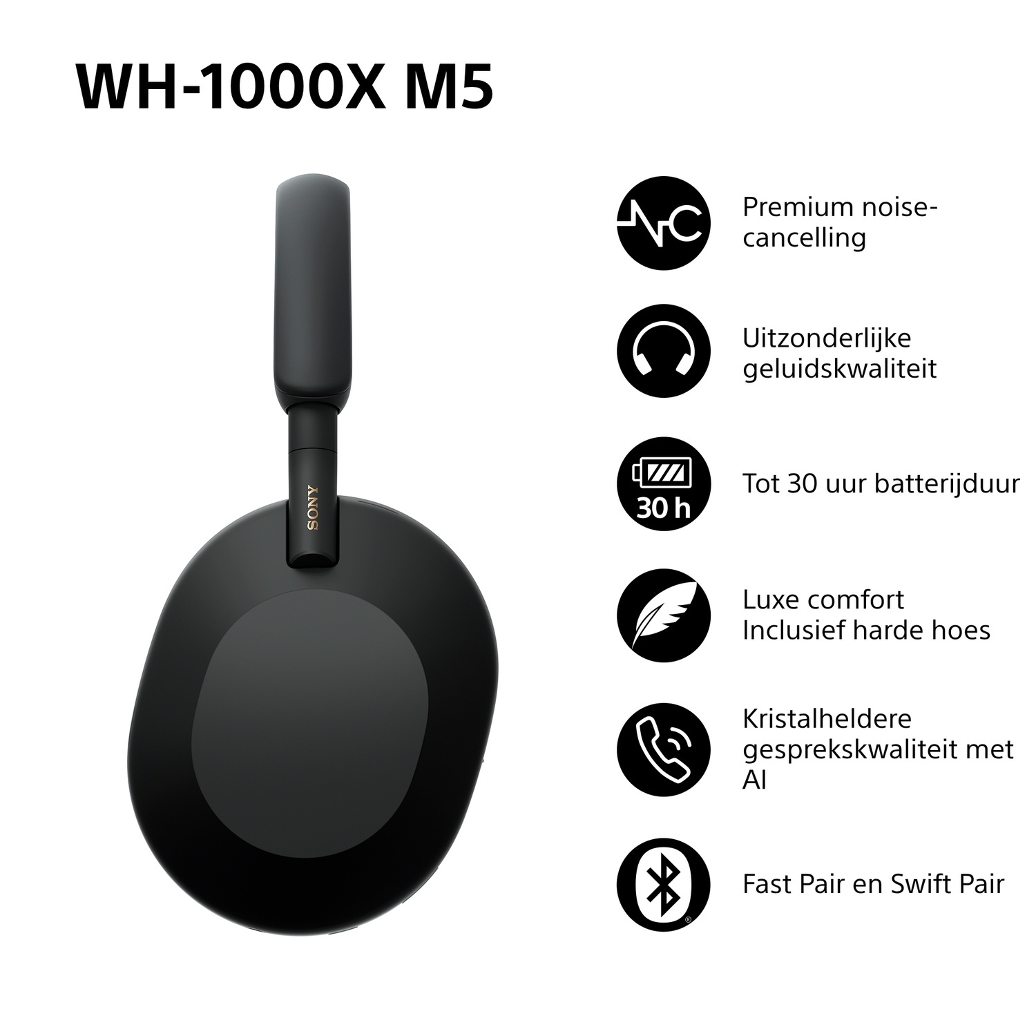 Black Sony WH-1000XM5 headphones. Features include noise-cancelling, exceptional sound, 30-hour battery, comfort, and AI call quality.