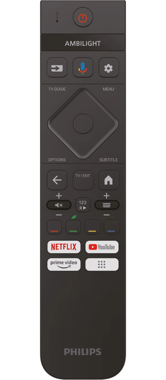 Eine schwarze Philips-Fernbedienung mit Tasten für Ambilight, Netflix, YouTube und Prime Video.