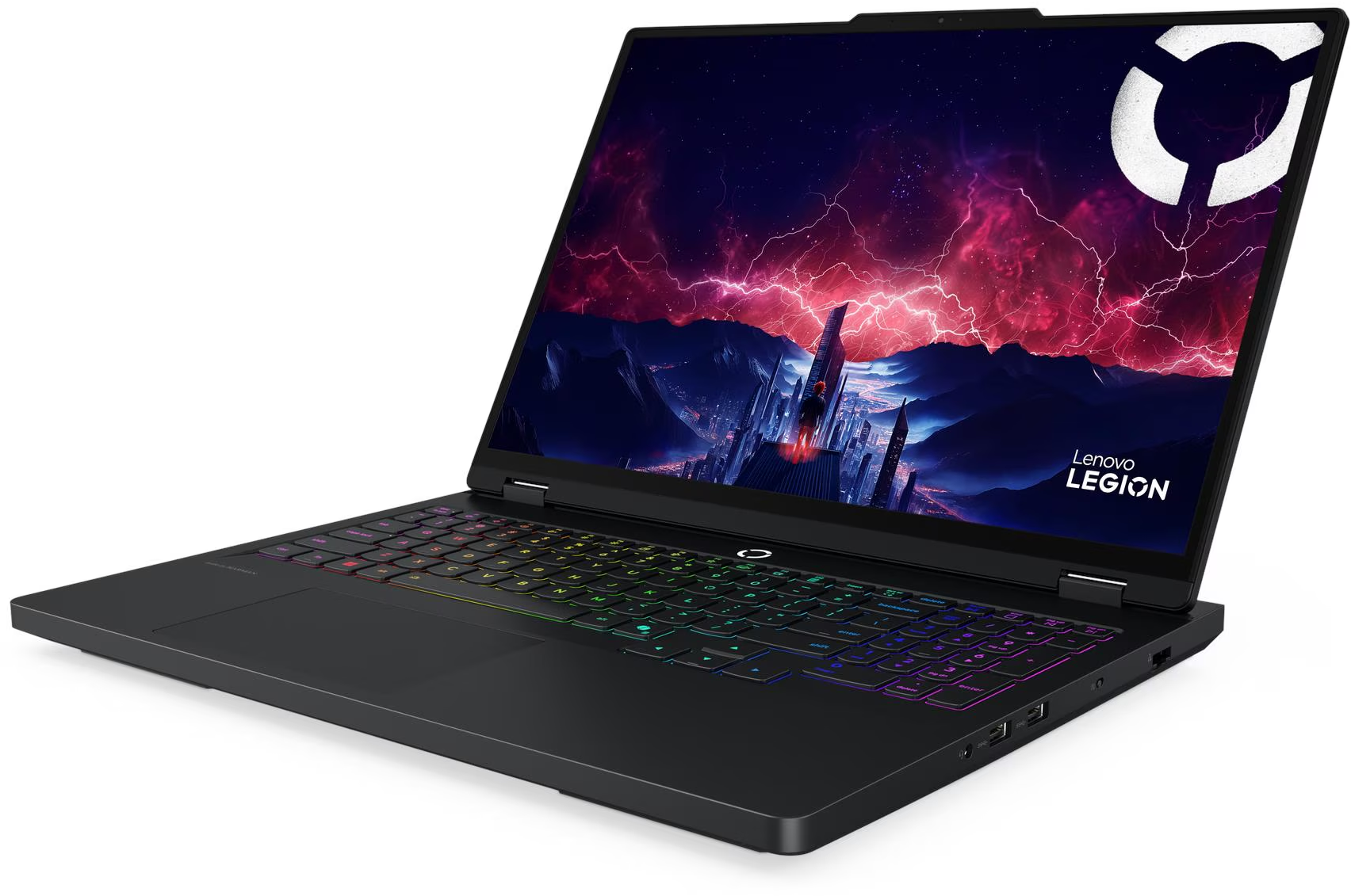 Fekete Lenovo Legion laptop színes billentyűzettel, városos villámlásos képernyővel és Legion logóval.