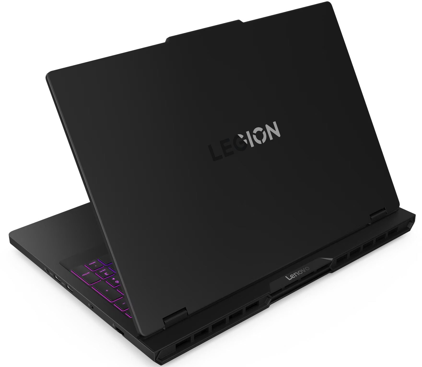 Fekete Lenovo Legion laptop. A fedél nyitva, a billentyűzet lila színnel világít. Legion logó a fedélen. Lenovo márka alul.