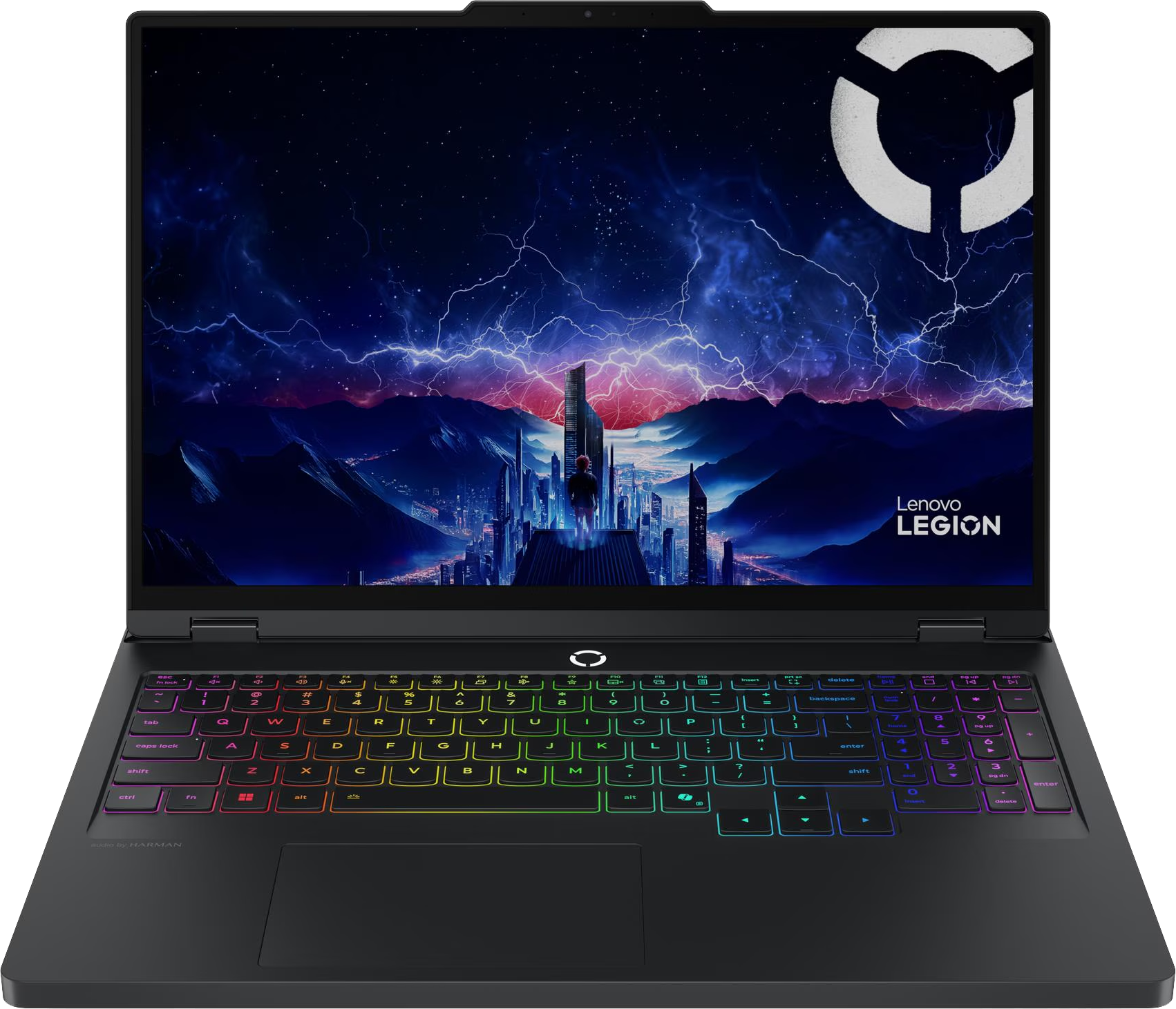 Egy fekete Lenovo Legion laptop. A képernyőn egy villámlással teli város látható. A billentyűzet színes háttérvilágítású gombokkal rendelkezik.