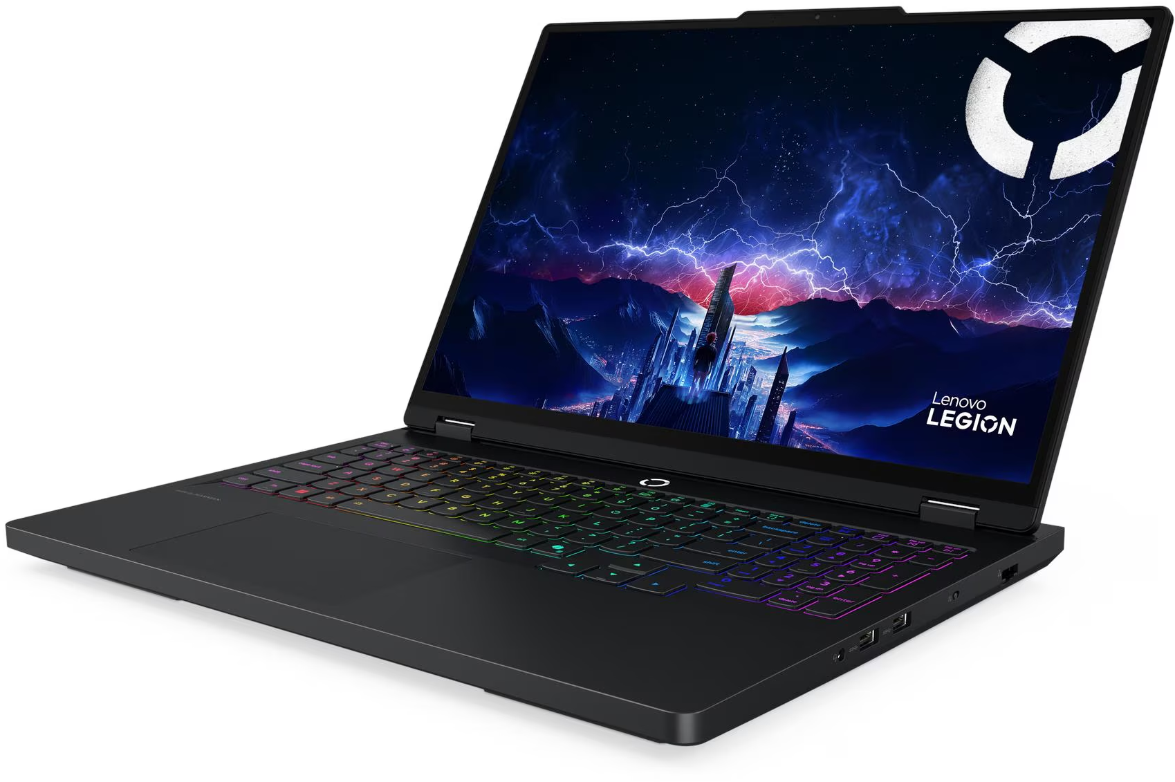 Fekete Lenovo Legion laptop nyitva, színes billentyűzettel és városképpel a képernyőn, fehér logóval felül.