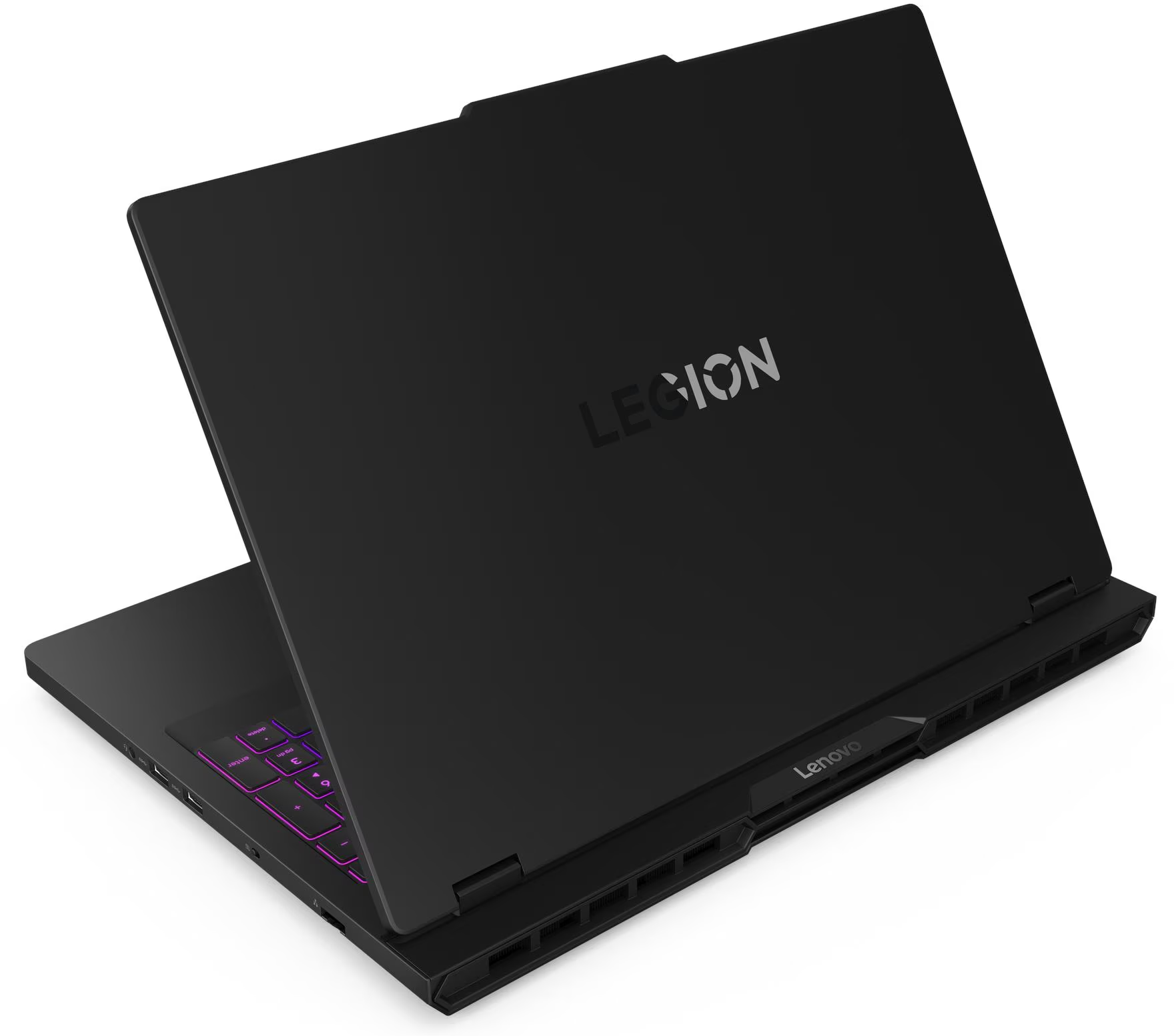 Fekete Lenovo Legion laptop, nyitva. Lila háttérvilágítású billentyűzet. Legion logó a fedélen.