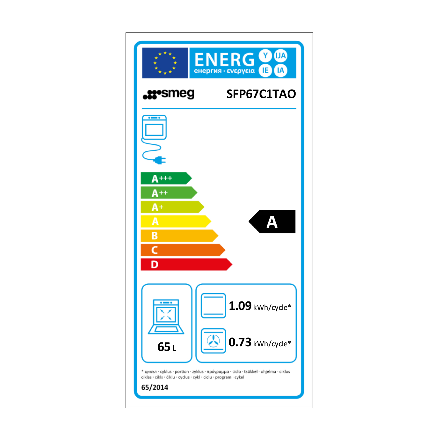 Etichetta energetica forno Smeg, classe A. Include dettagli consumo e altre specifiche.