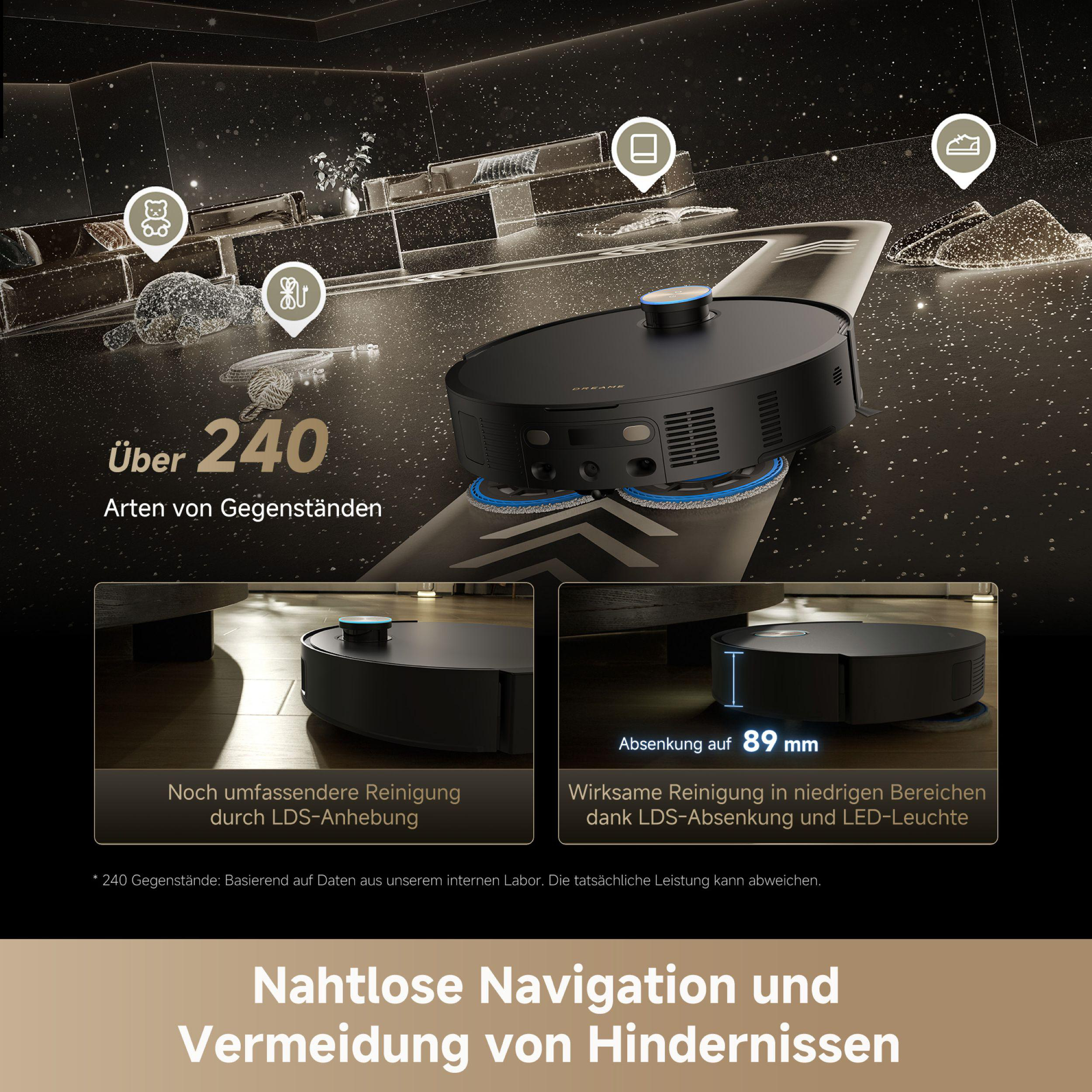 Ein schwarzer Roboter-Staubsauger auf einem Boden. Der Text zeigt '240 Arten von Gegenständen' und '89 mm'.