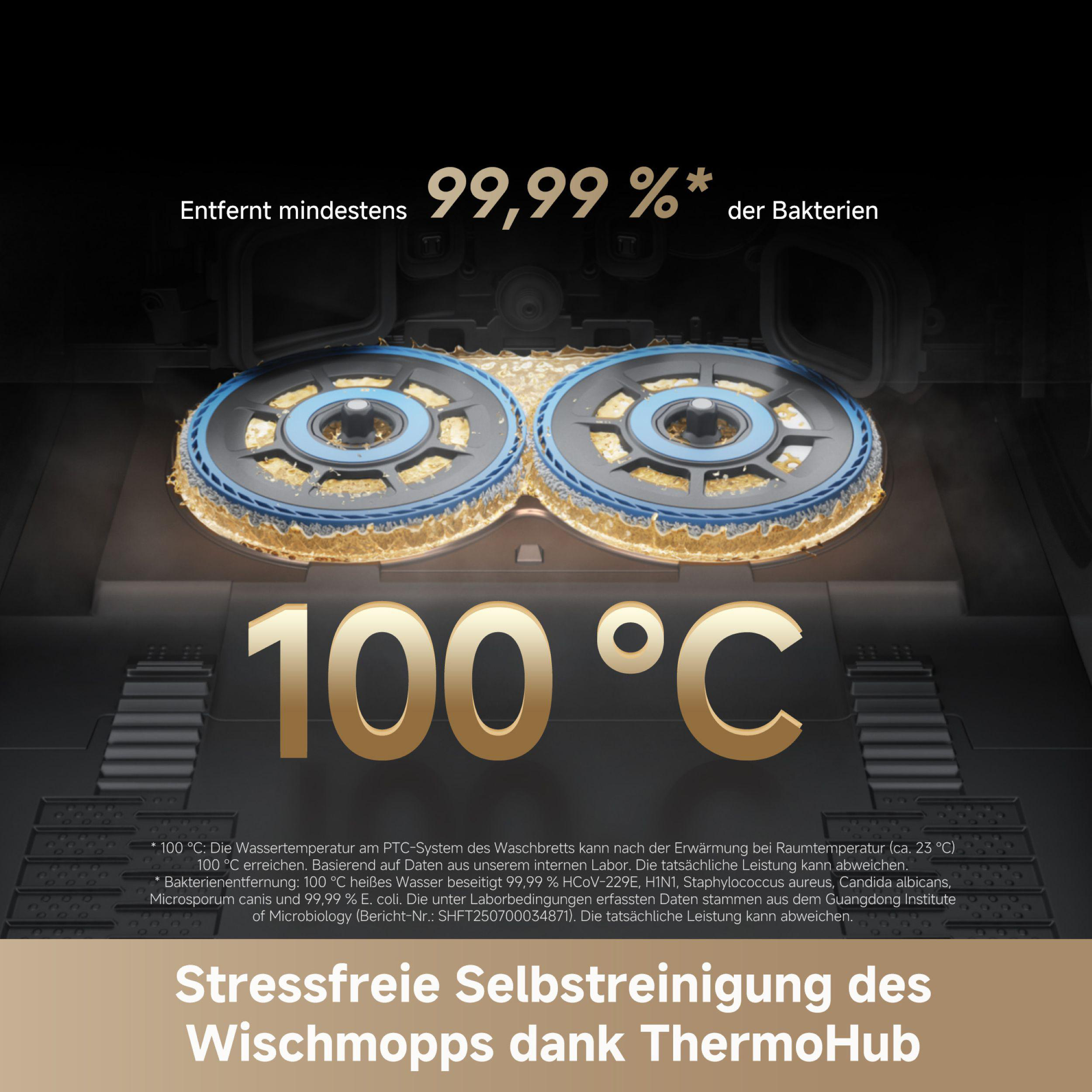 Das Bild zeigt ein Reinigungsgerät mit zwei rotierenden Pads. Es zeigt 100°C und entfernt 99,99% der Bakterien.