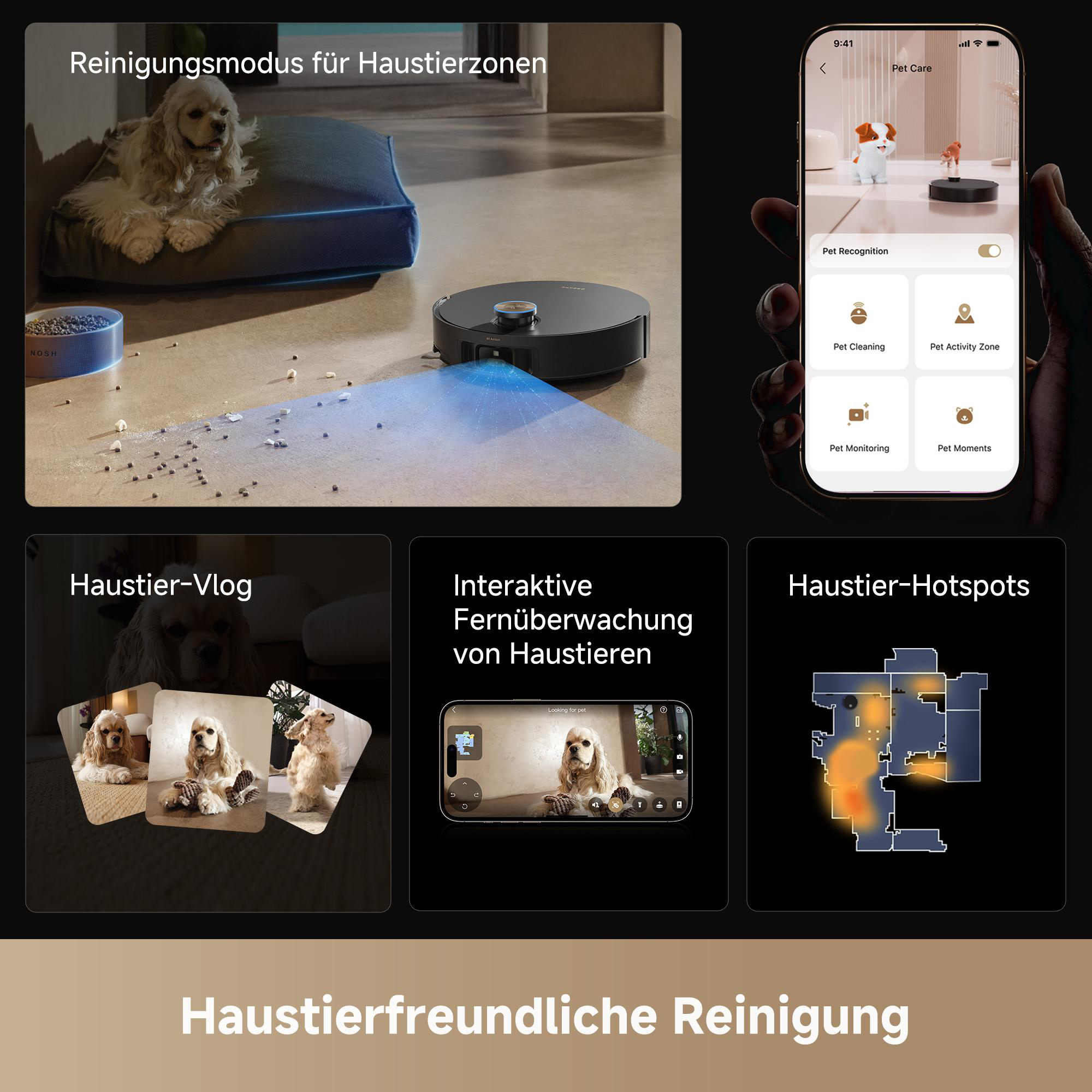 Ein Hund auf einem Bett, ein Roboterstaubsauger und ein Telefon mit Haustierpflegefunktionen. Weitere Panels zeigen die Überwachung.