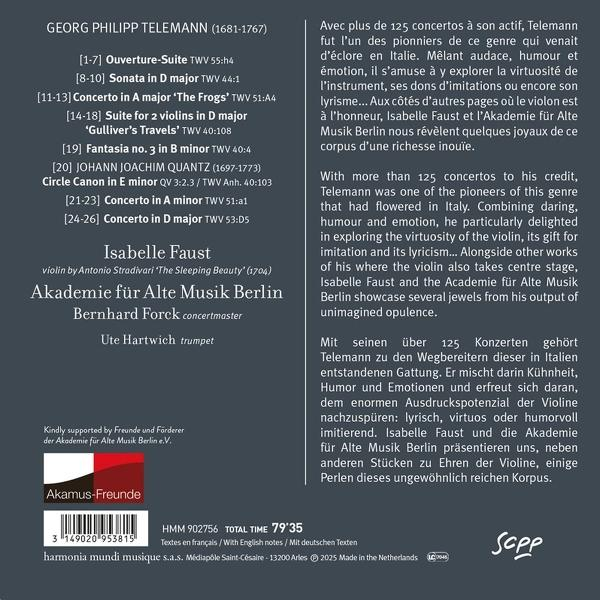 CD-Cover mit Text und Logos. Es listet Musikstücke von Telemann auf, aufgeführt von Isabelle Faust und Akademie für Alte Musik Berlin.