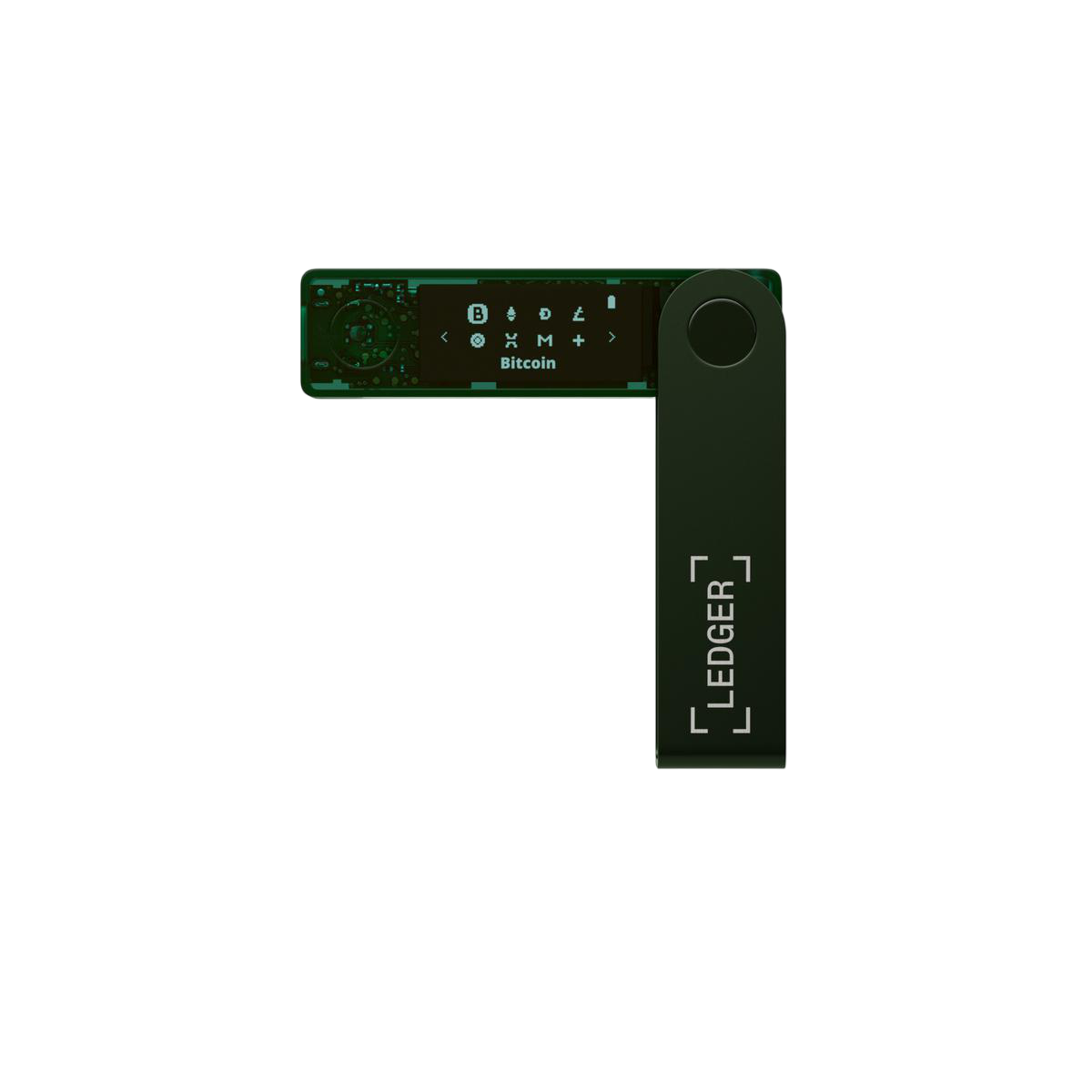 Ein Ledger-Hardware-Wallet auf schwarzem Hintergrund. Der Bildschirm zeigt Bitcoin-Informationen. Das Gerät ist dunkelgrün mit dem Ledger-Logo.