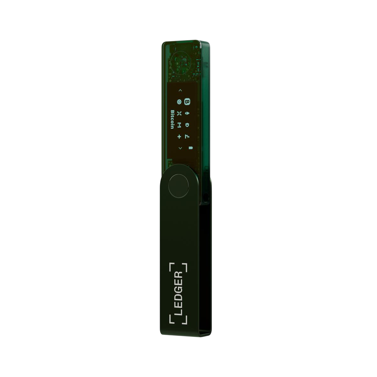 Ein Ledger-Hardware-Wallet auf schwarzem Hintergrund. Es ist dunkelgrün und zeigt Bitcoin-Details auf dem Bildschirm.