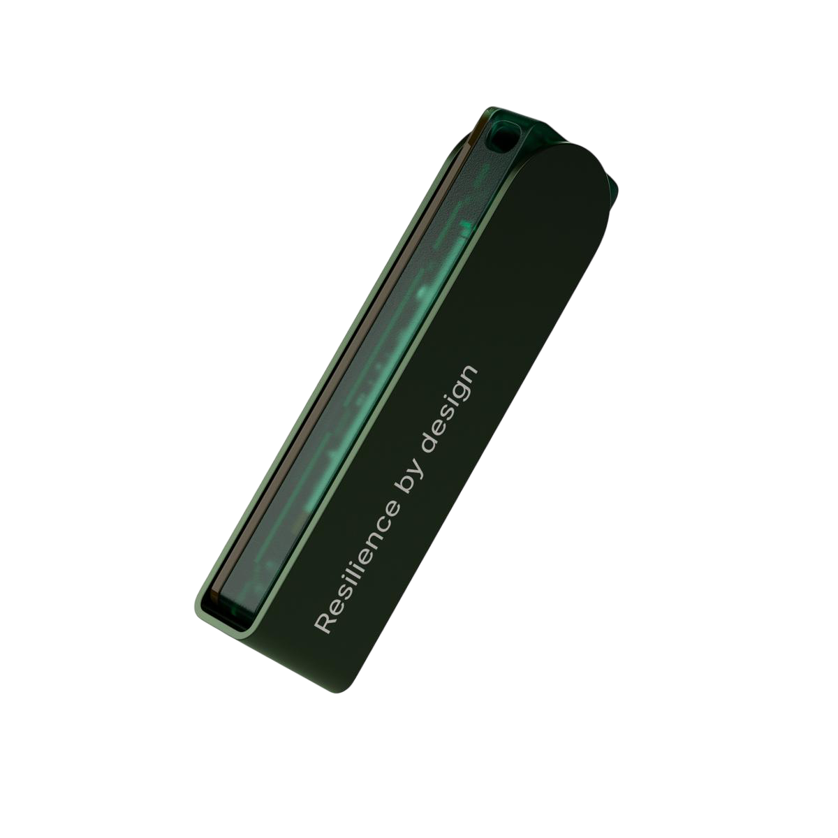 Ein dunkelgrünes rechteckiges Objekt mit abgerundeten Kanten, möglicherweise ein Telefon oder Gerät, vor schwarzem Hintergrund. Text 'Resilienz durch Design'.