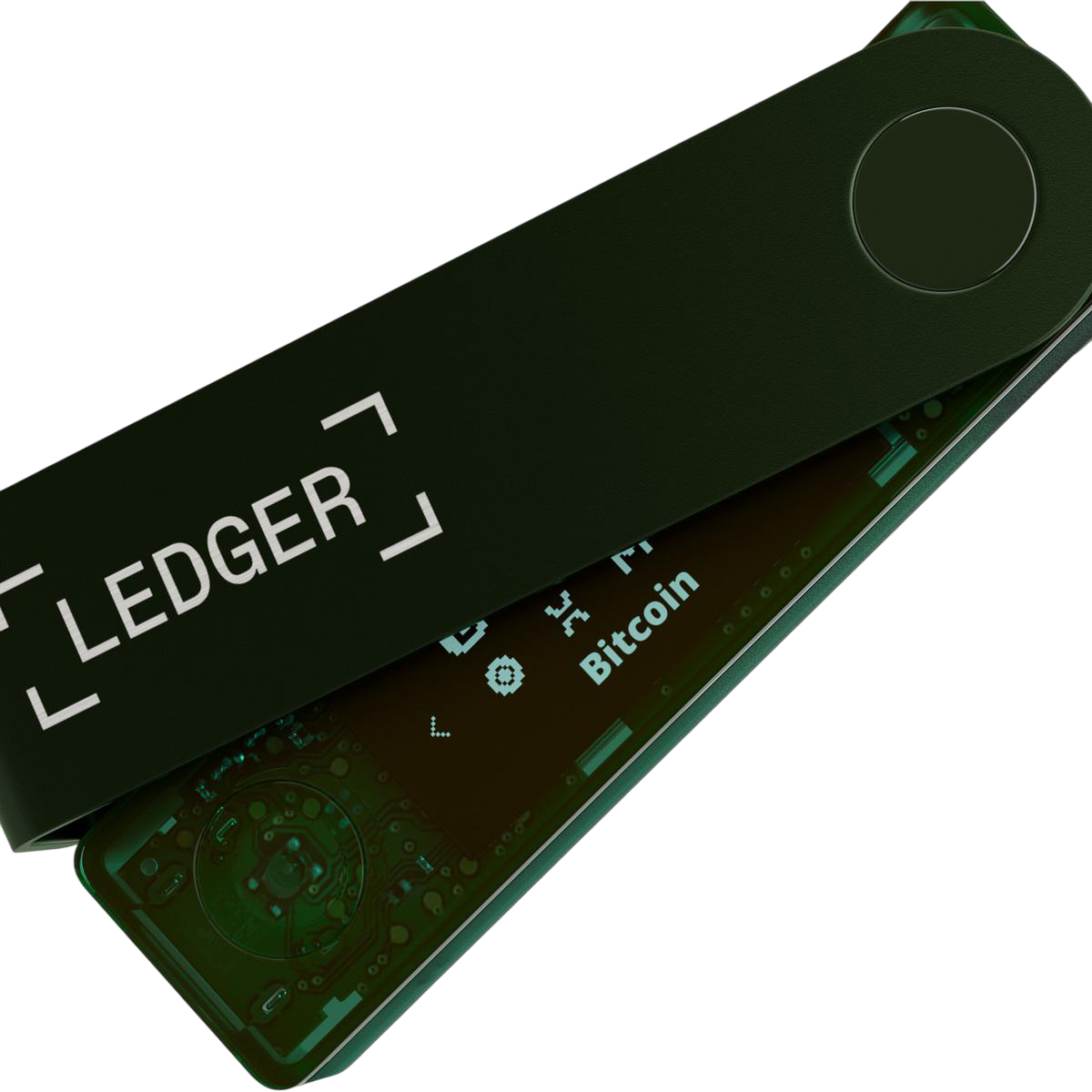 Dunkelgrünes Ledger-Krypto-Hardware-Wallet, geöffnet. Weißer Text 'LEDGER' oben, Bitcoin-Logo sichtbar, schwarzer Hintergrund.
