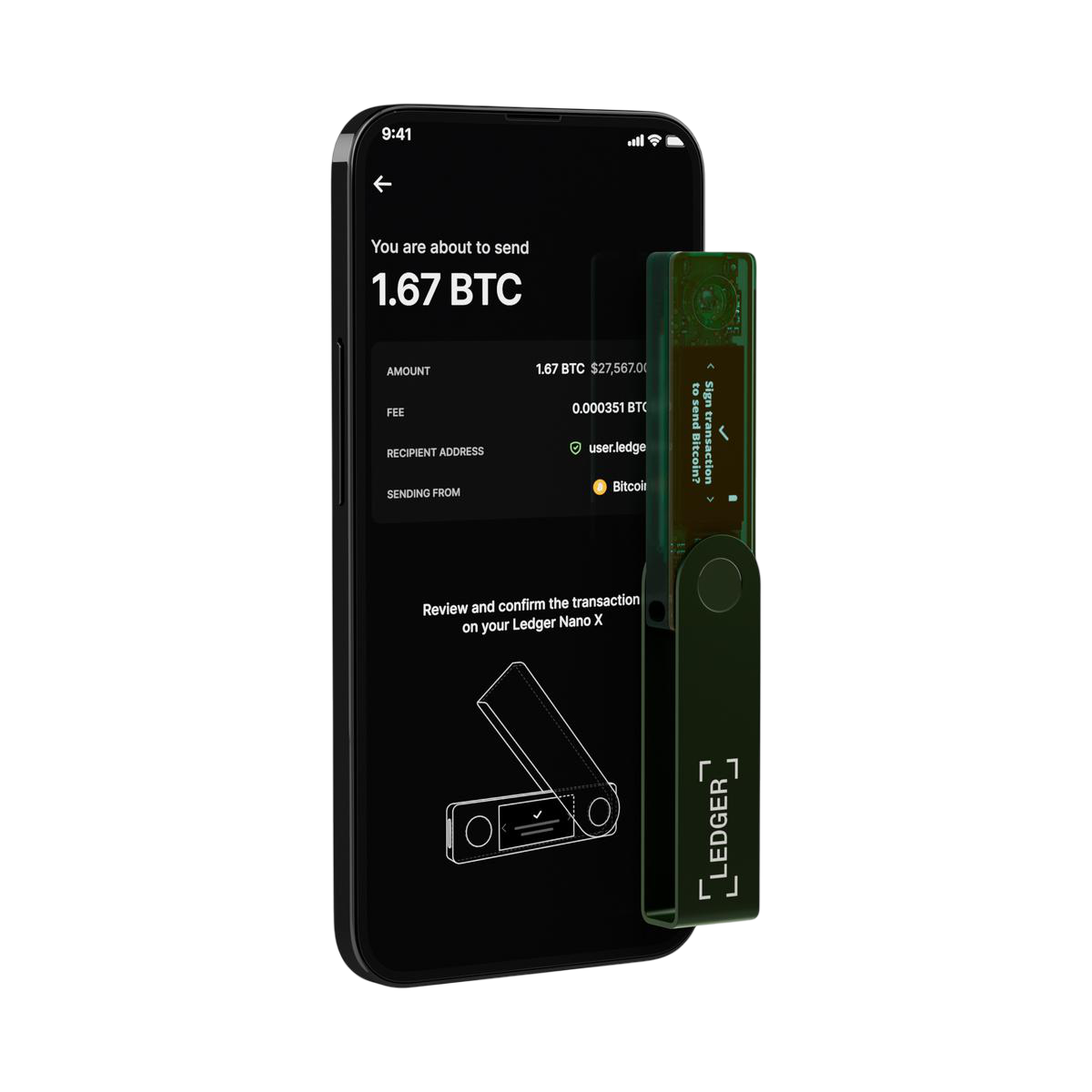 Ein Telefon zeigt eine Bitcoin-Transaktion. Ein grünes Ledger Nano X-Gerät befindet sich neben dem Telefon. Der Bildschirm zeigt Transaktionsdetails.