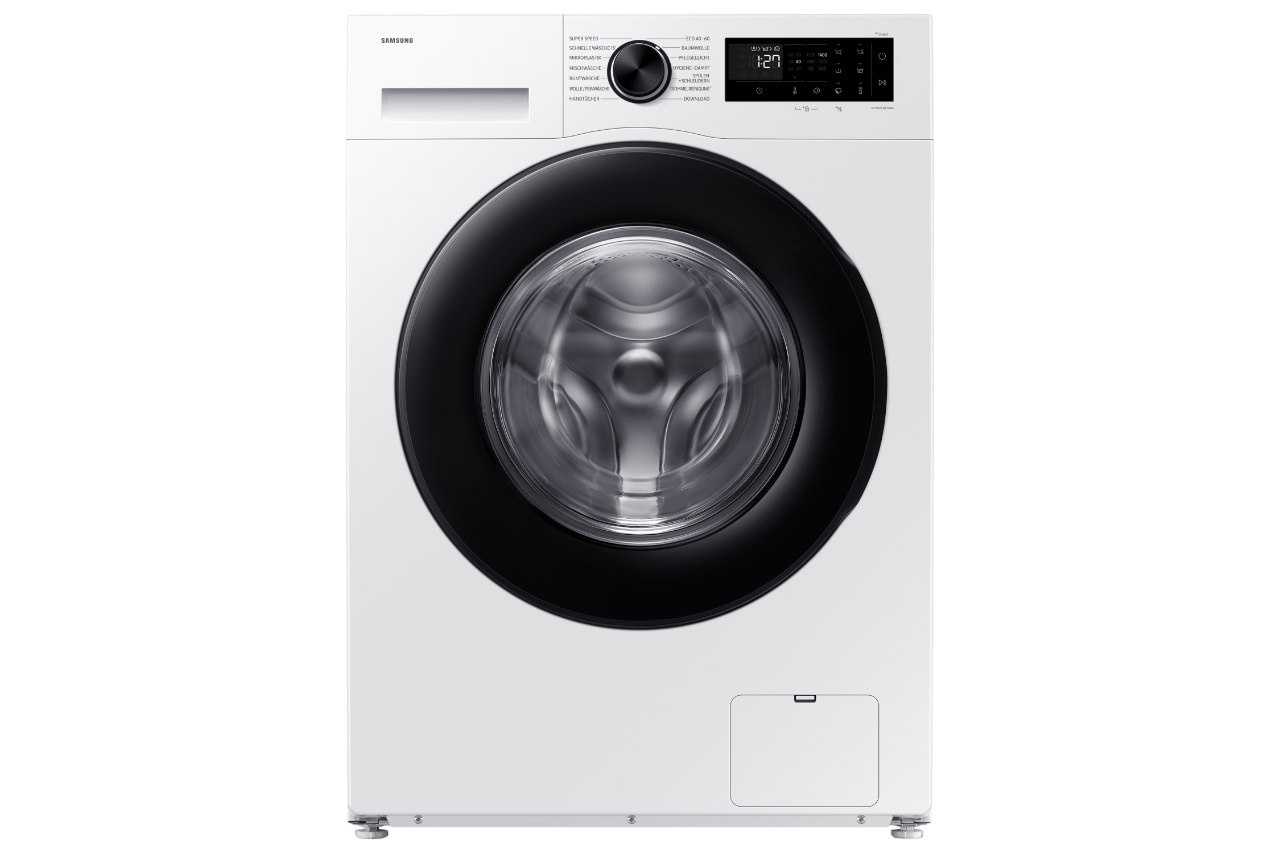 Weiße Samsung Waschmaschine. Hat eine schwarze Tür und ein Bedienfeld. Anzeige zeigt 1:27. Eine Waschmittelkammer ist vorhanden.