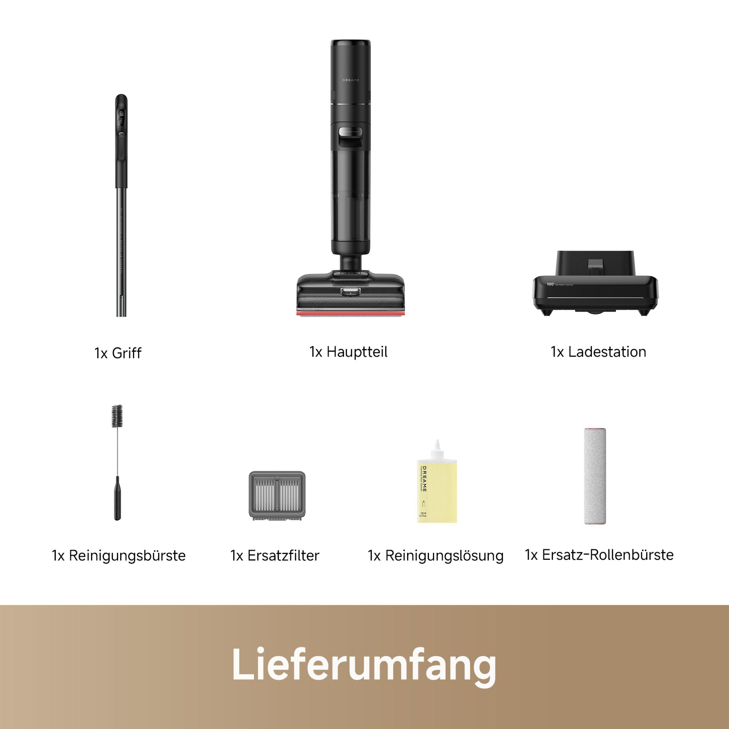 Das Bild zeigt Staubsaugerteile: Griff, Haupteinheit, Ladestation, Bürste, Filter, Reinigungslösung und Rollbürste.