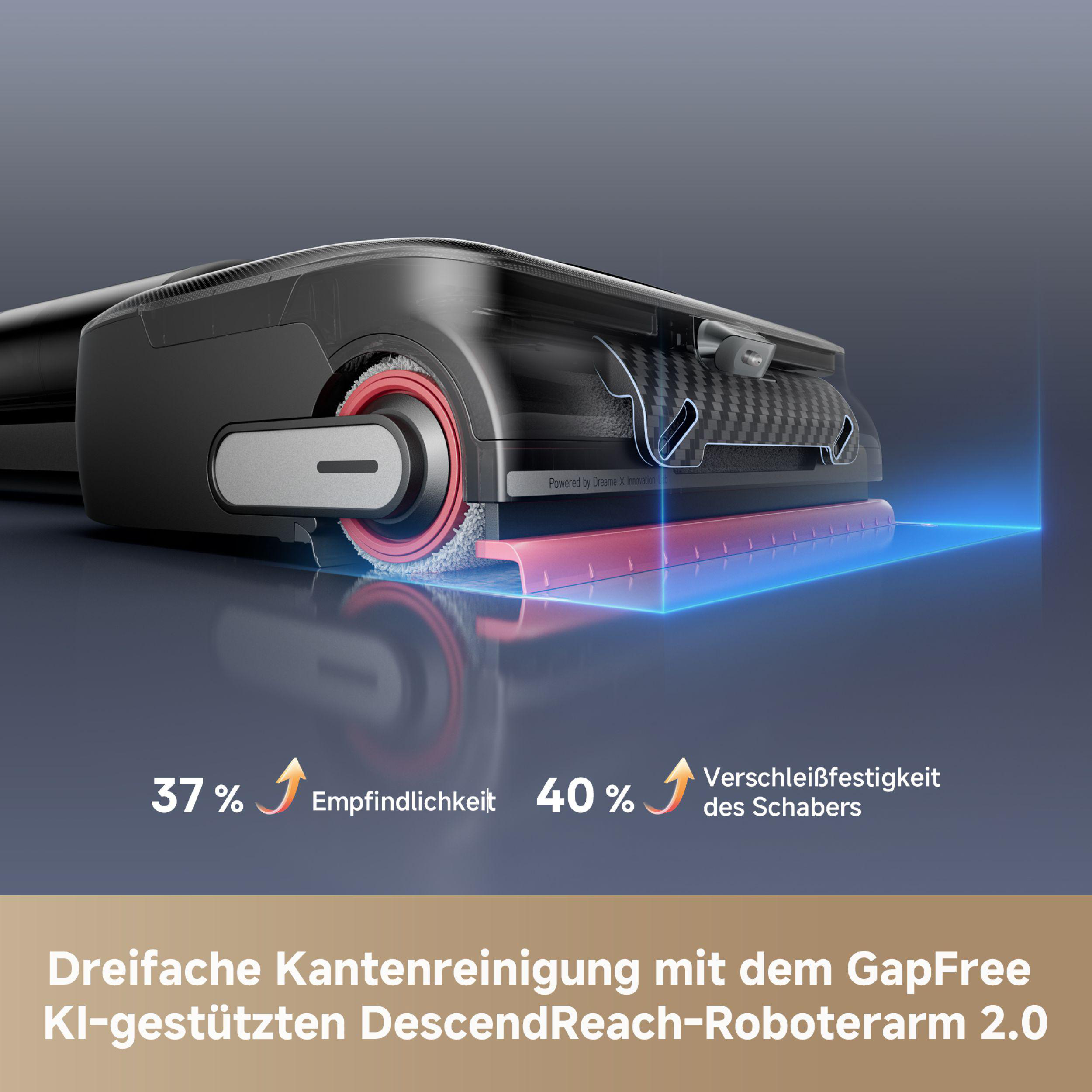 Ein schwarzer und grauer Roboter-Staubsauger. Er hat rote Bürsten und blaue Lichteffekte. Text handelt vom Kantenreinigen.