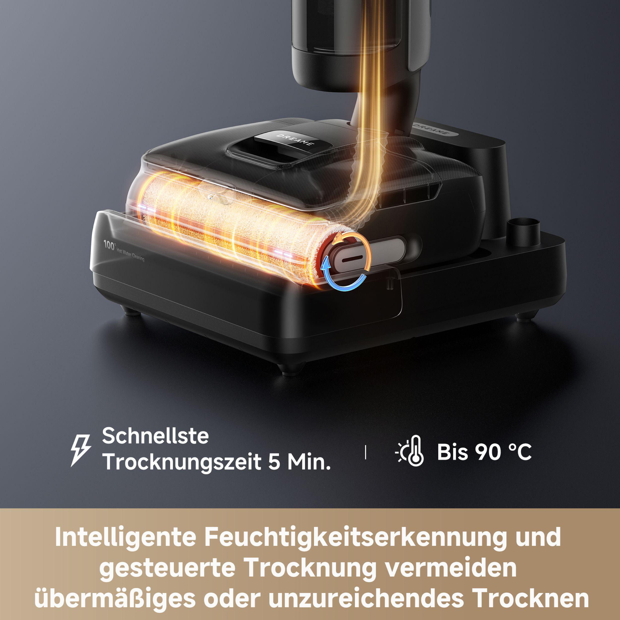 Das Bild zeigt ein schwarzes Reinigungsgerät. Text auf dem Gerät: Schnellste Trocknungszeit 5 Min. Bis 90 °C. Intelligentes Trocknen.