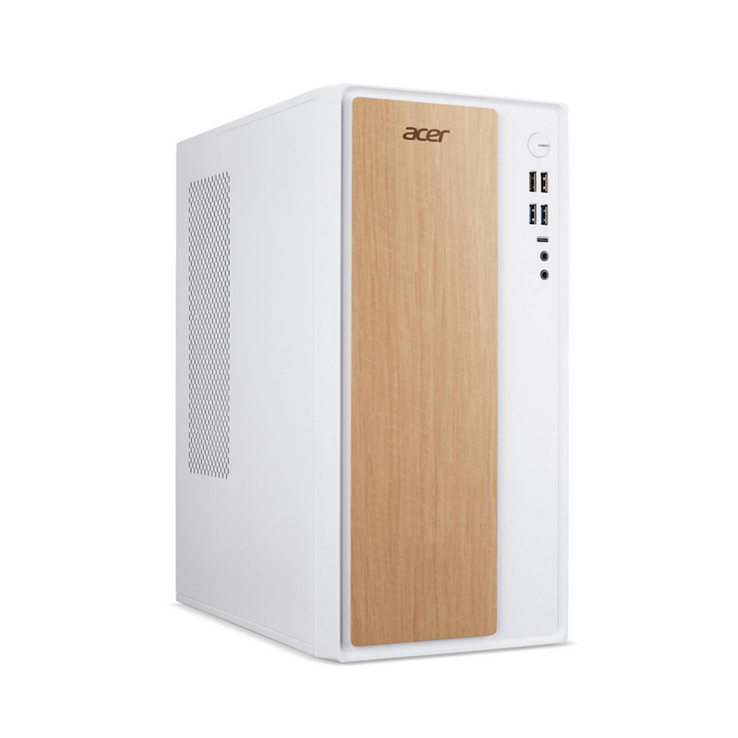 Una computadora de escritorio Acer. Es blanca con un panel frontal con aspecto de madera. Tiene puertos y el logotipo de Acer.