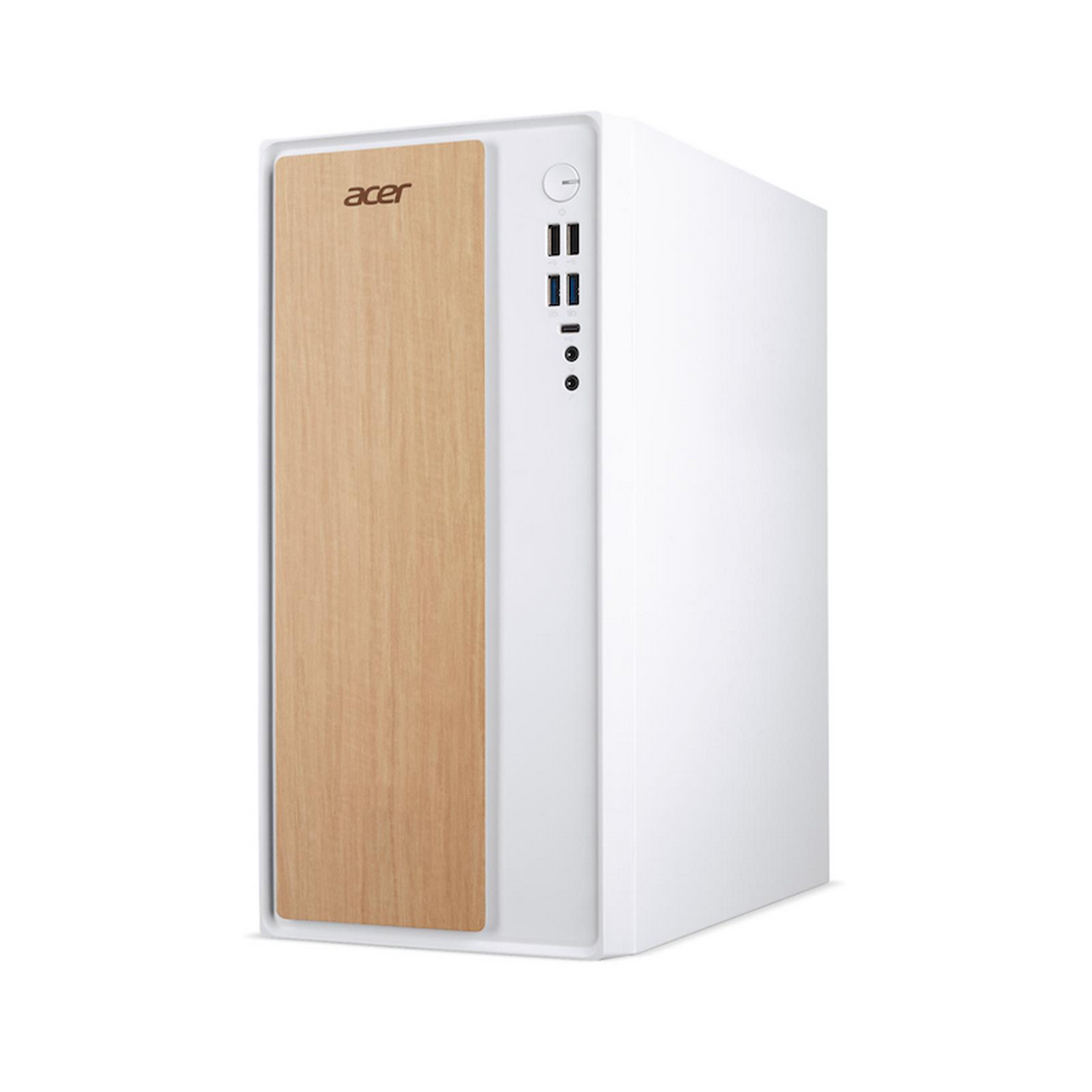 Ordenador de sobremesa Acer blanco con un panel de vetas de madera en el frontal. Los puertos son visibles en el lateral. El logotipo de Acer es prominente.