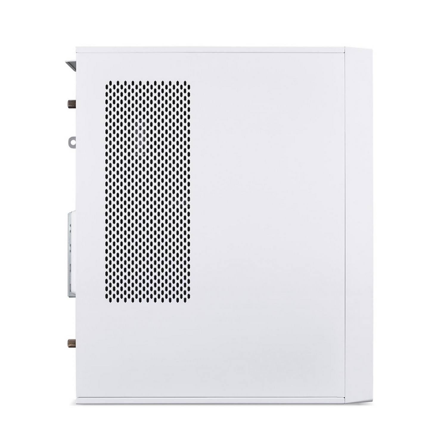 Una caja de computadora blanca con un panel lateral perforado. El lateral tiene una ventilación con muchos agujeros pequeños. El fondo es blanco.