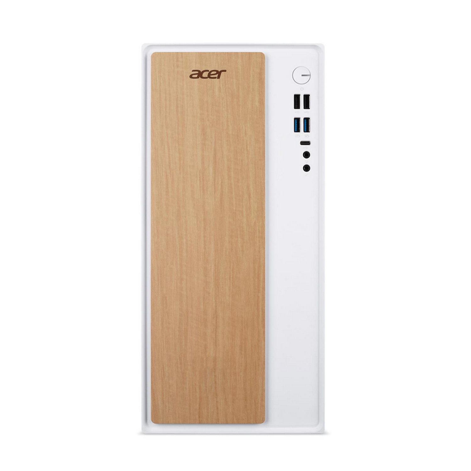 Ordenador de sobremesa Acer con panel de vetas de madera y carcasa blanca. Puertos y botón de encendido en el lado derecho.