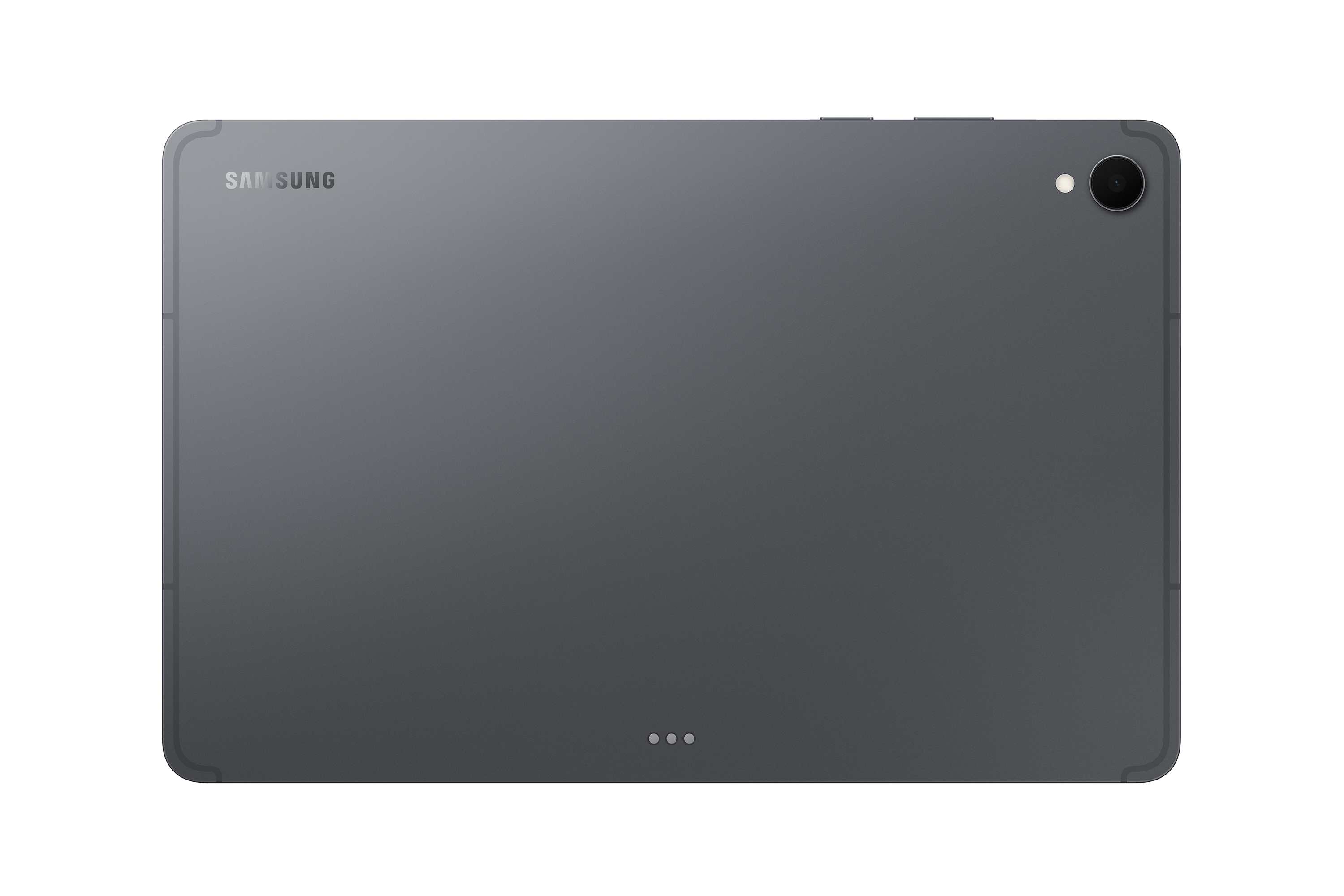 Sötétszürke tablet hátlap, Samsung logóval, kamerával és három ponttal. Fekete háttér.