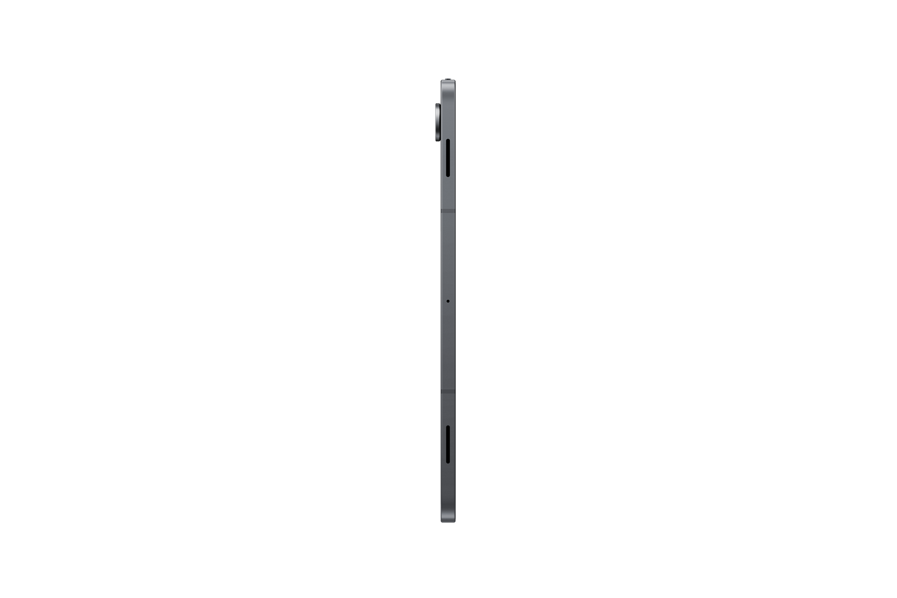 Egy szürke tablet oldalsó nézete kamerával és gombokkal fekete háttéren. A tablet függőleges.