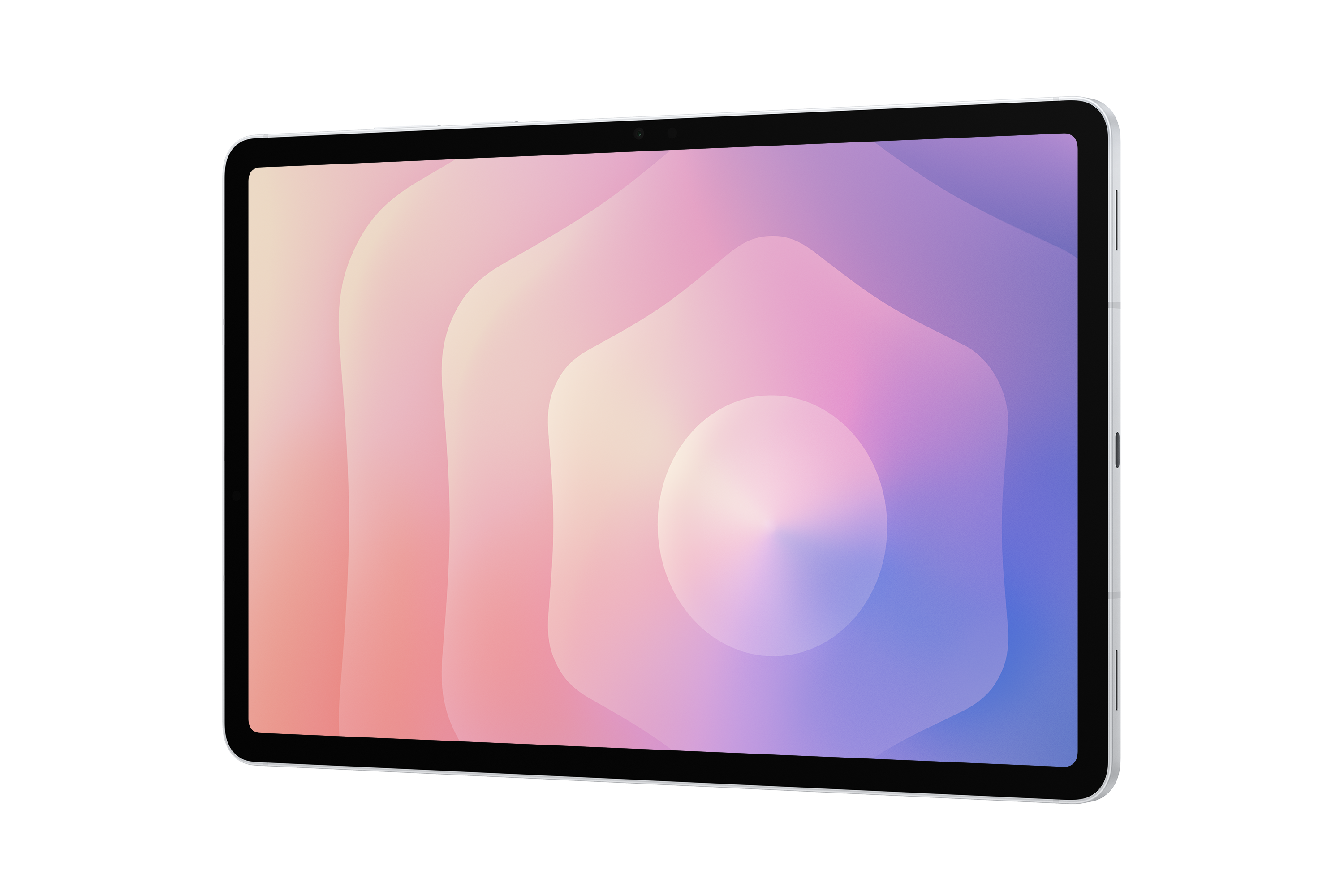 Tablet, színátmenetes kijelzővel, rózsaszín-kék, fekete háttérrel.