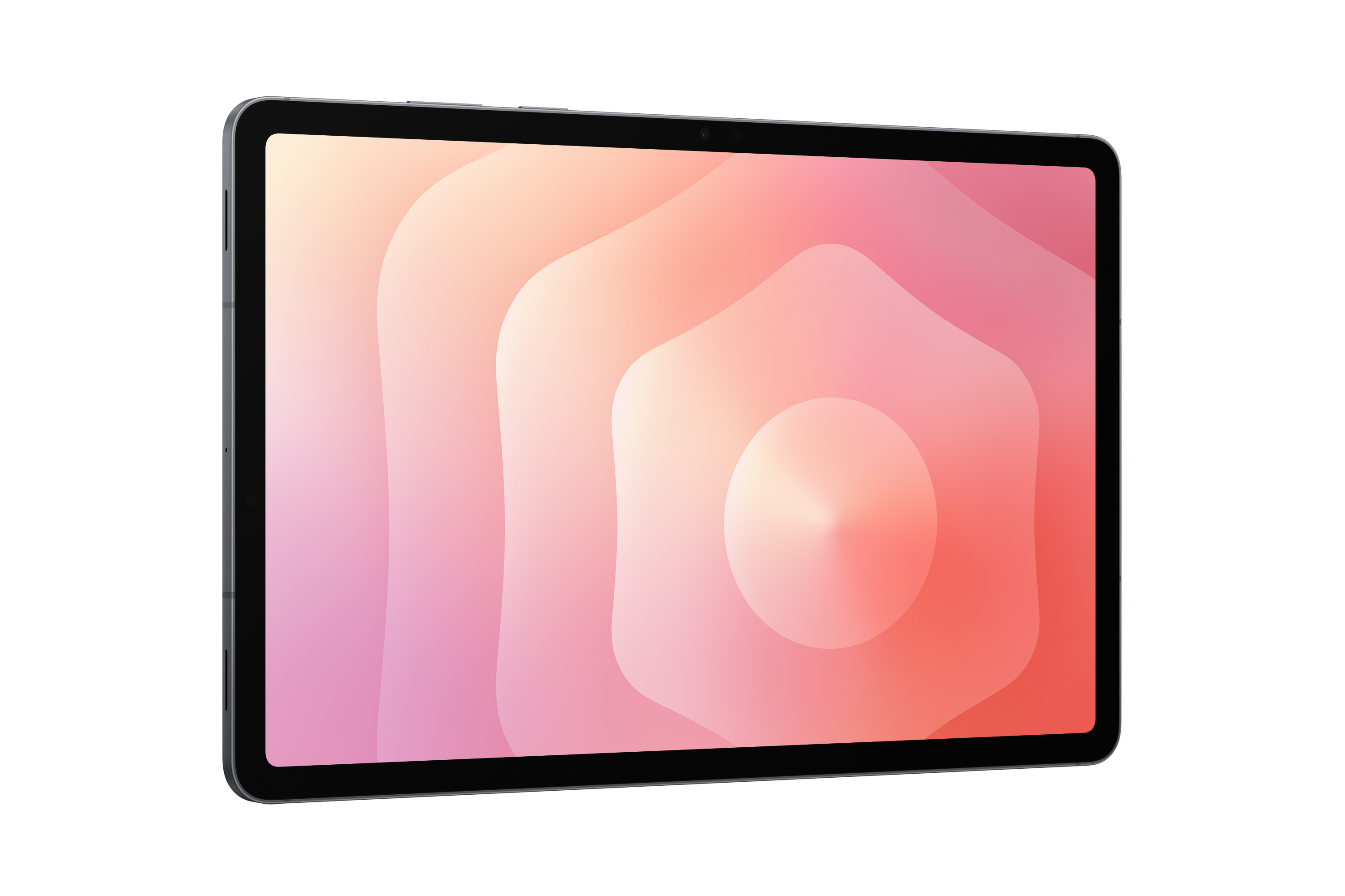 Egy tablet rózsaszín és narancssárga színátmenetes absztrakt háttérrel. A tablet szögben van, fekete háttéren.