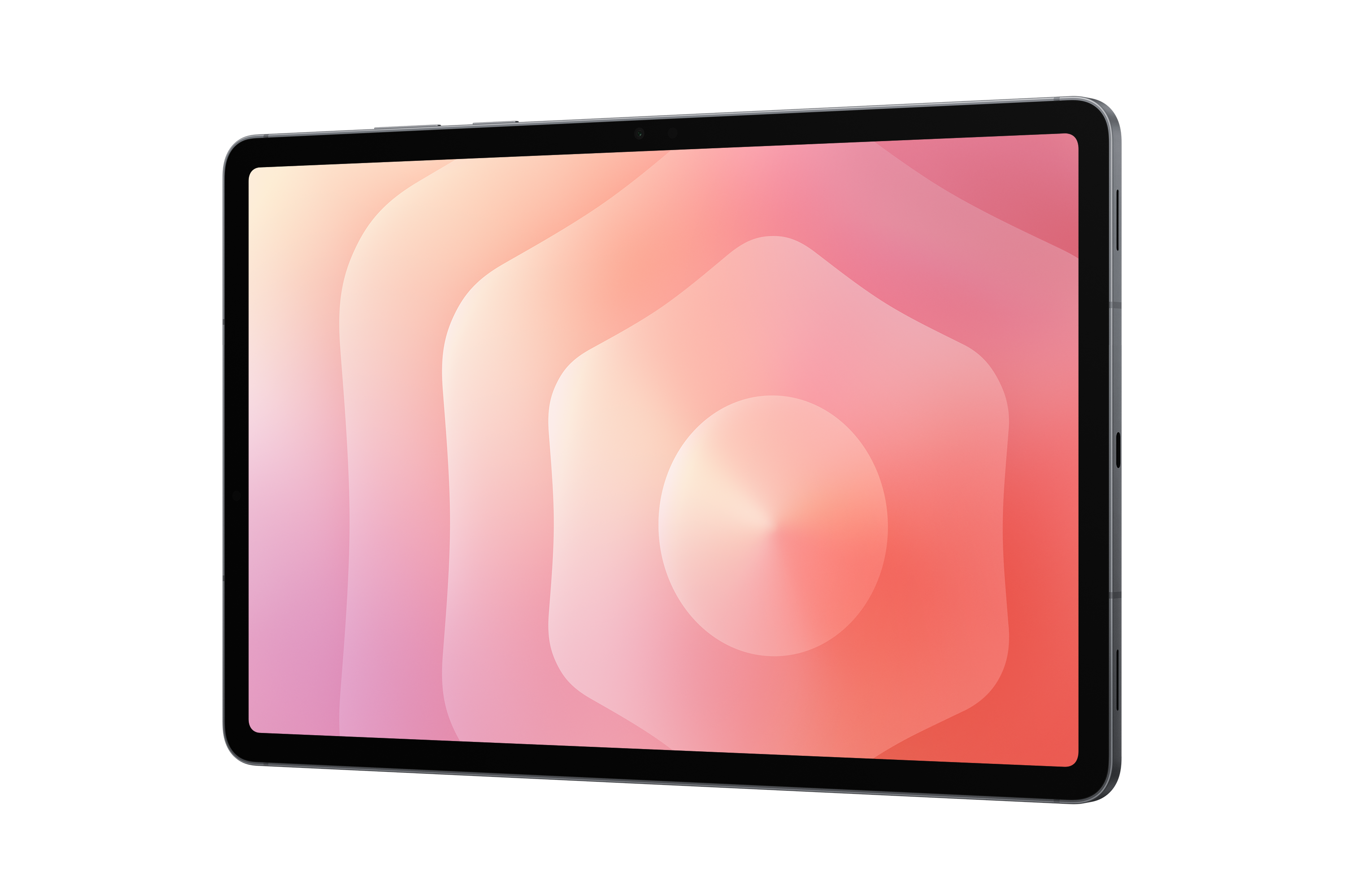 Egy tablet színes gradienssel jelenik meg, rózsaszín, narancs és fehér formákkal fekete háttéren.