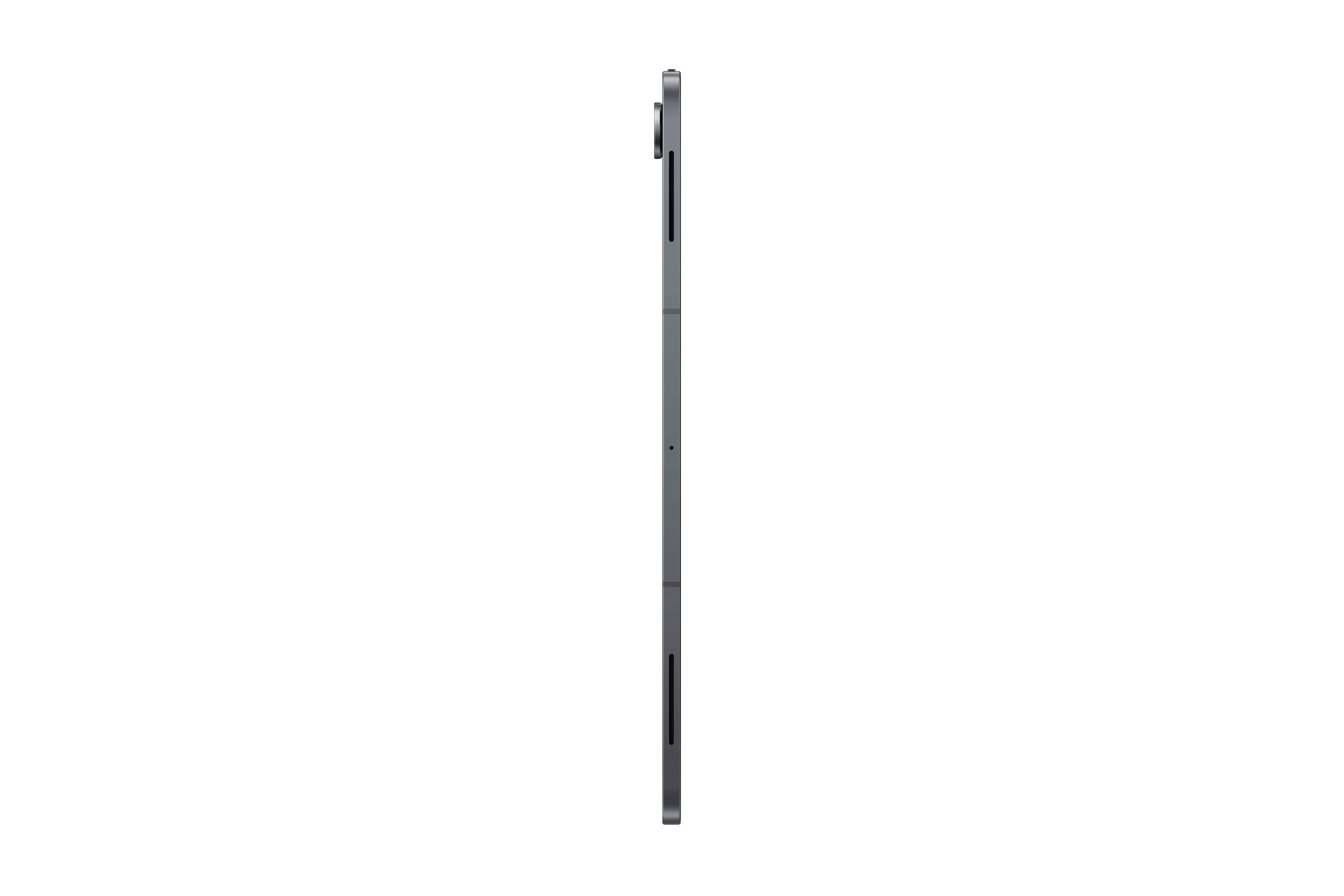 Egy szürke tablet oldalsó nézete fekete háttér előtt. A kamerák lencséje látható a felső élen. A bekapcsoló gomb is látható.