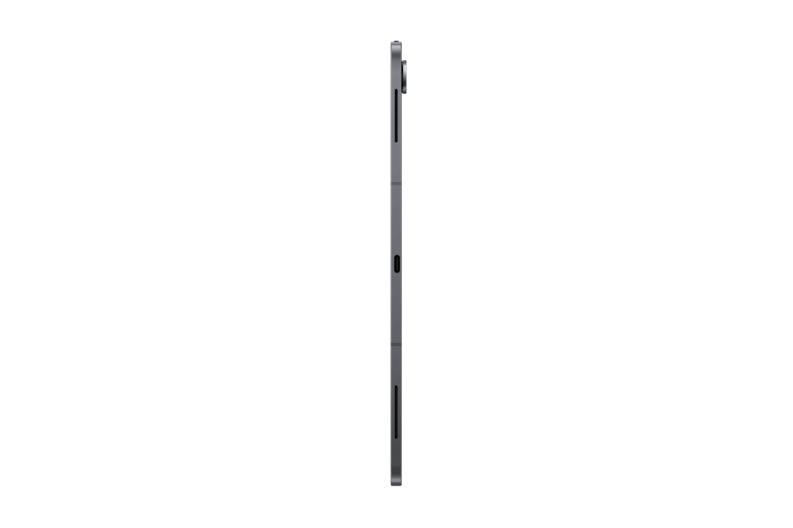 Egy sötétszürke tablet oldalnézetből, fekete háttér előtt. Látható a kamera és a gombok.