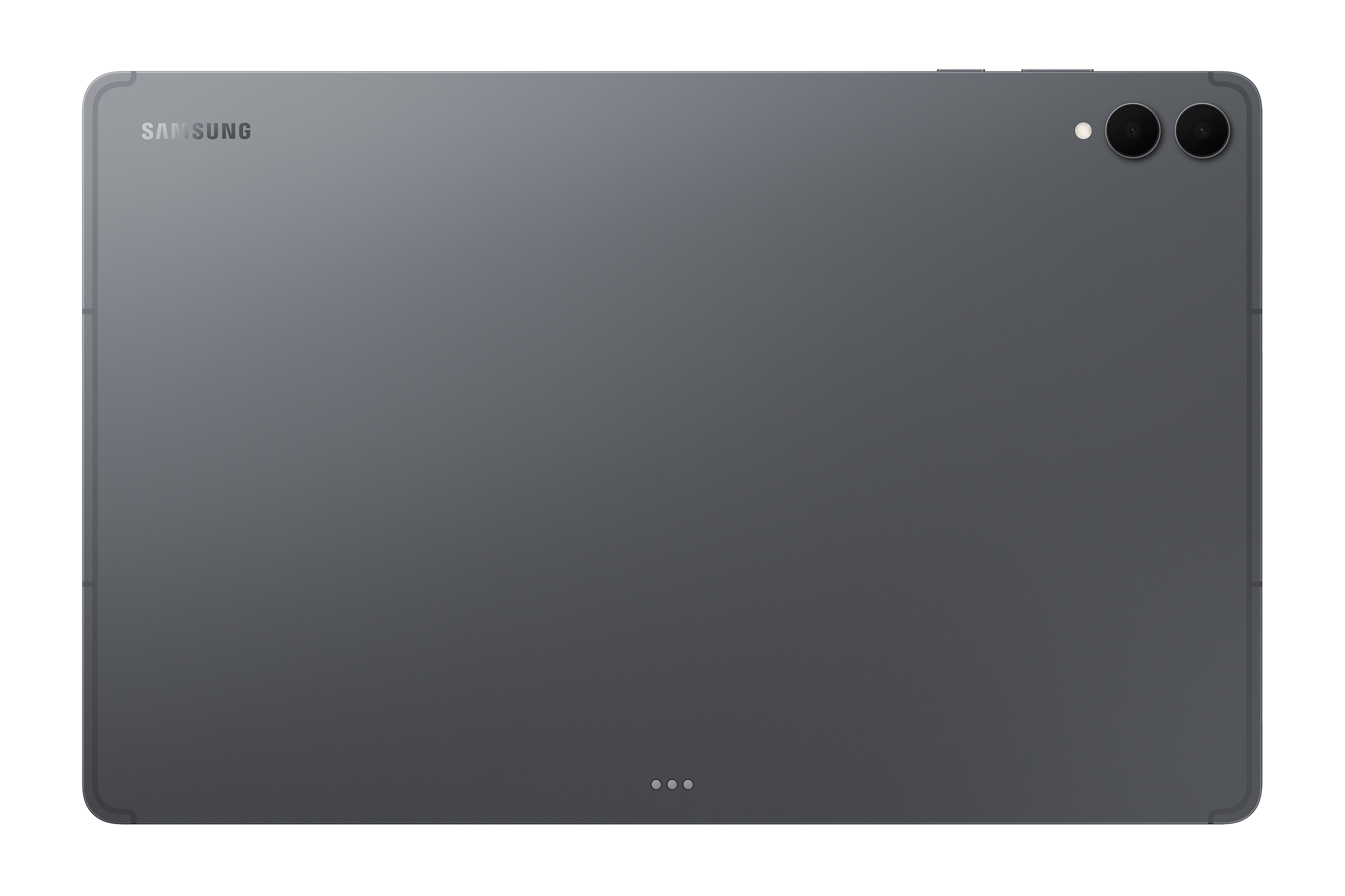 Sötétszürke tablet hátlapja. Samsung logó, két kamera és három kis pont látható.